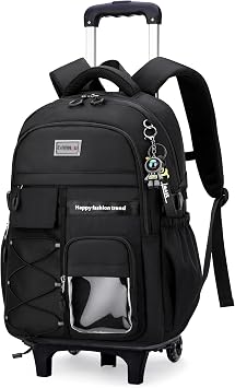 MITOWERMI Boys Girls Rolling Backpack for School, Kids Carry-On Luggage Wheeled Bookbag, Boys Backpack with Wheels Students Rolling School Bag, Black 2 Wheels