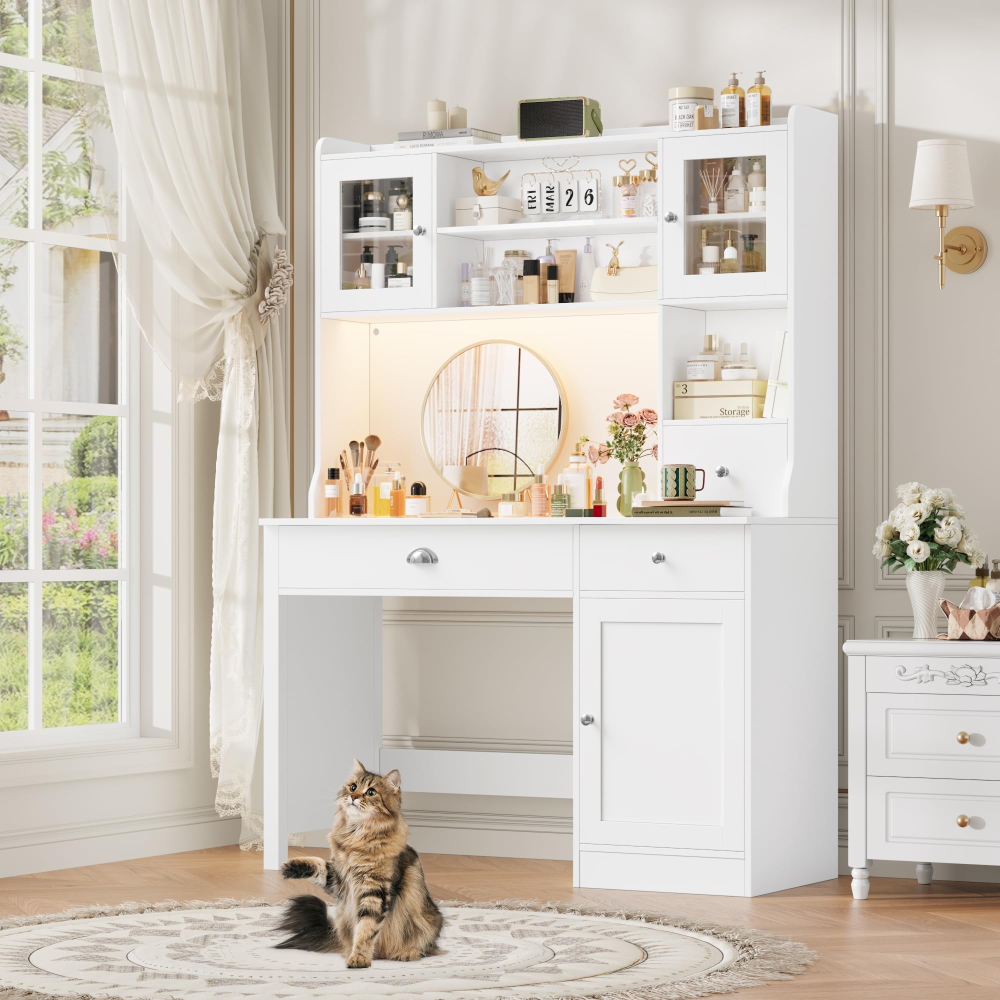 FirFurd LED Mesa Escritorio con Estantería Ajustable 3 Cajones, 3 Puertas