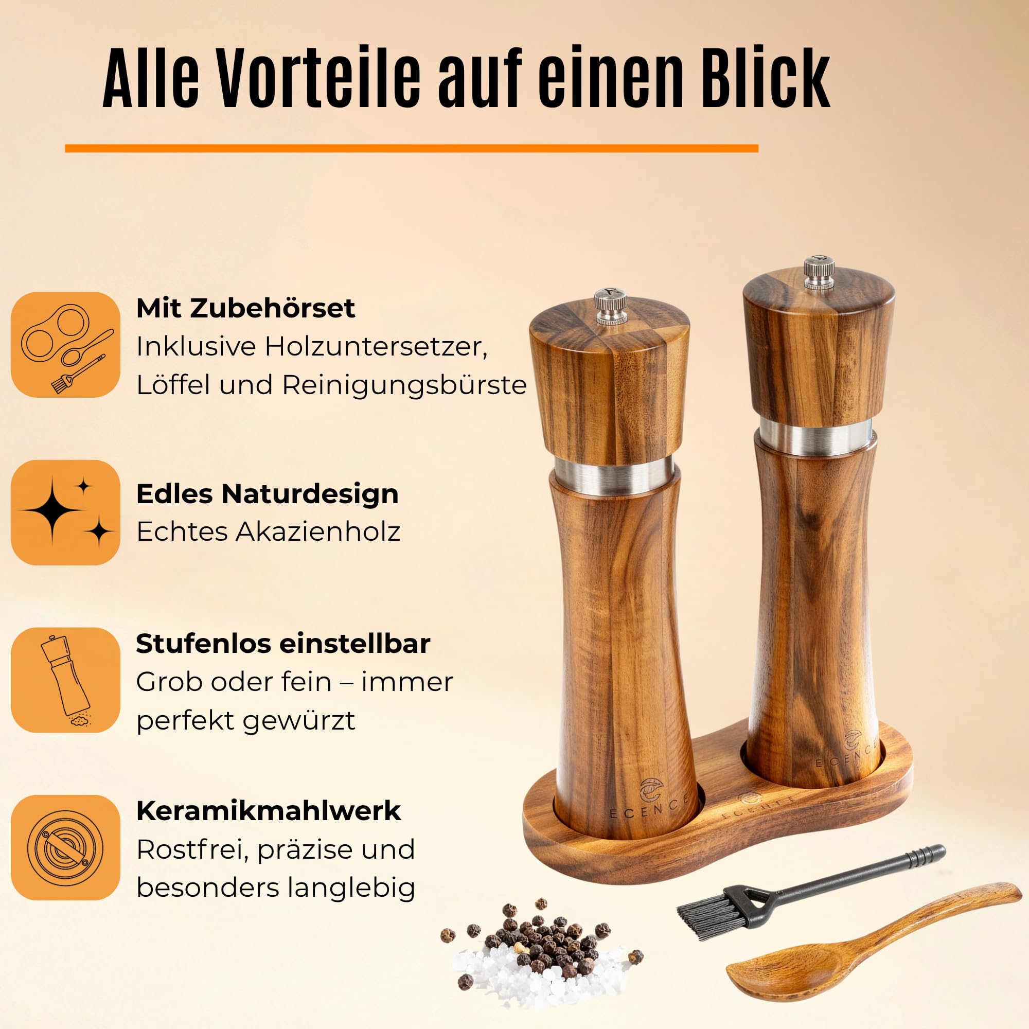 ECENCE Salz und Pfeffermühle Holz 2er Set aus Akazienholz | Gewürzmühle mit Keramikmahlwerk inkl. Reinigungspinsel und Untersetzer