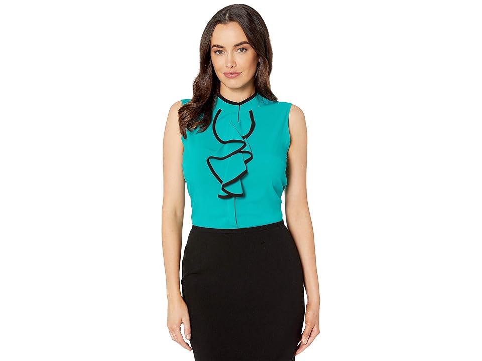

Calvin Klein Ruffle Front Piped Sleeveless Top (Lagoon/Black) Women's Clothing, Blue