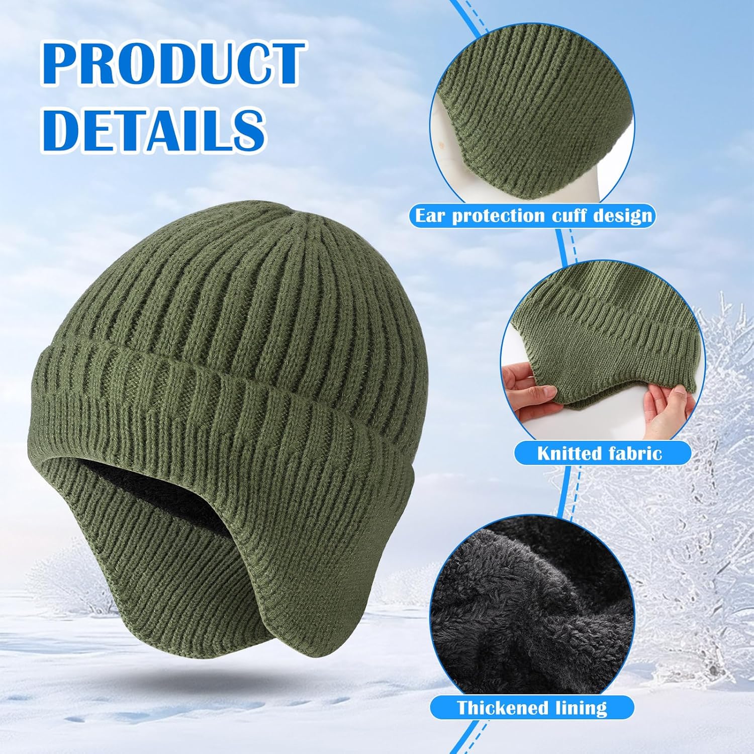 2 Pack Winter Knit Ear Flap Hat for Men Women - Thick Fleece Lined Warm Beanie with Ear Cover, Stretchy Skull Cap (Black & Army Green) for Cold Weather Outdoor Sports - Image 3