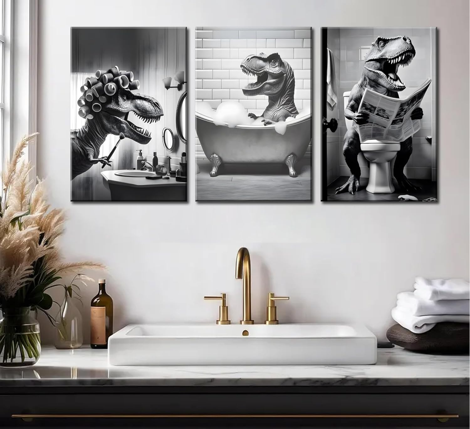 3Pcs Fun Dinosaur Bathroom Canvas Wall Art humorous Black and White Animal Toilet Reading Newspaper Painting Pictures Wall Decor Posters Print Artwork for Washroom Lavatory Home Decoration