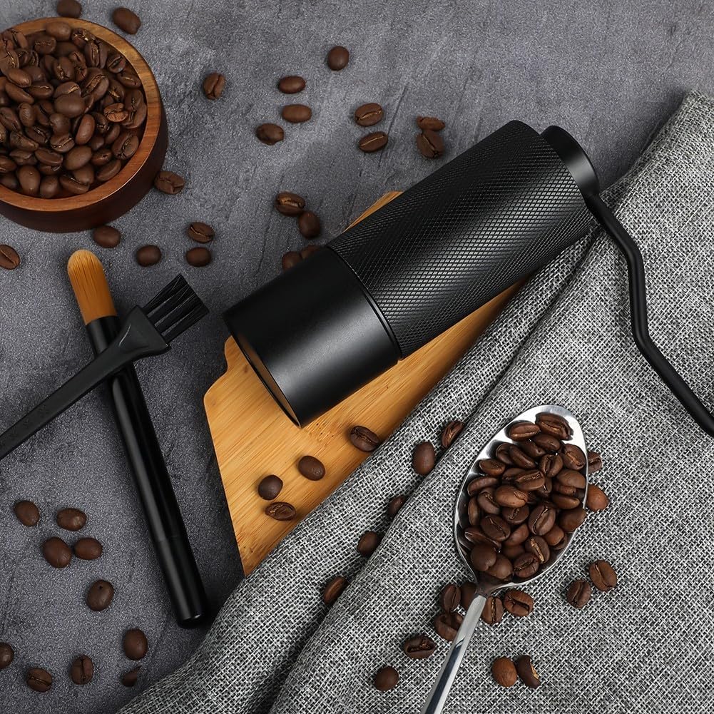 DAZZLEEX Molinillo de café manual con rebabas cónicas de acero inoxidable, molinillo de café de mano portátil con mango de madera, tamaño de molienda ajustable para el hogar, camping, senderismo