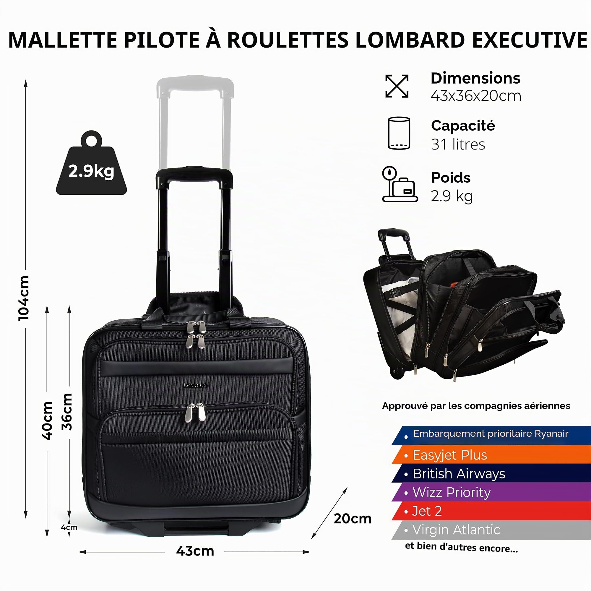 Lombard Porte-Documents à roulettes - Style Business - Compartiment pour Ordinateur Portable 15"-17"