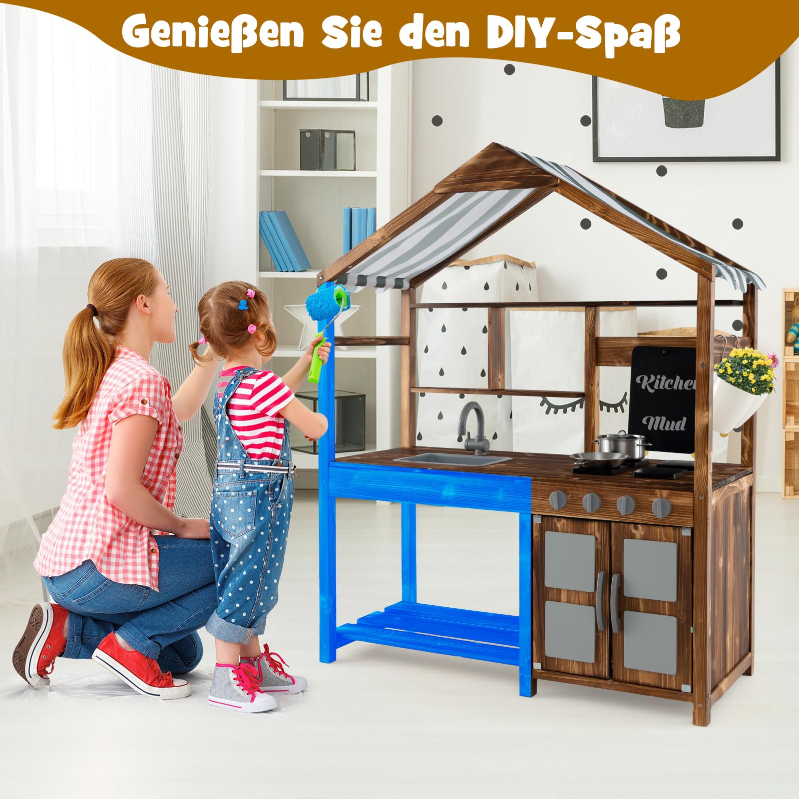 COSTWAY Matschküche Kinder Outdoor, Kinderküche Massivholz mit Vordach & Wasserhahn & Spülbecken & Tafel & Blumentöpfen, Gartenküche inkl. Zubehör, Spielküche Outdoor Küche für Kinder ab 3 Jahren