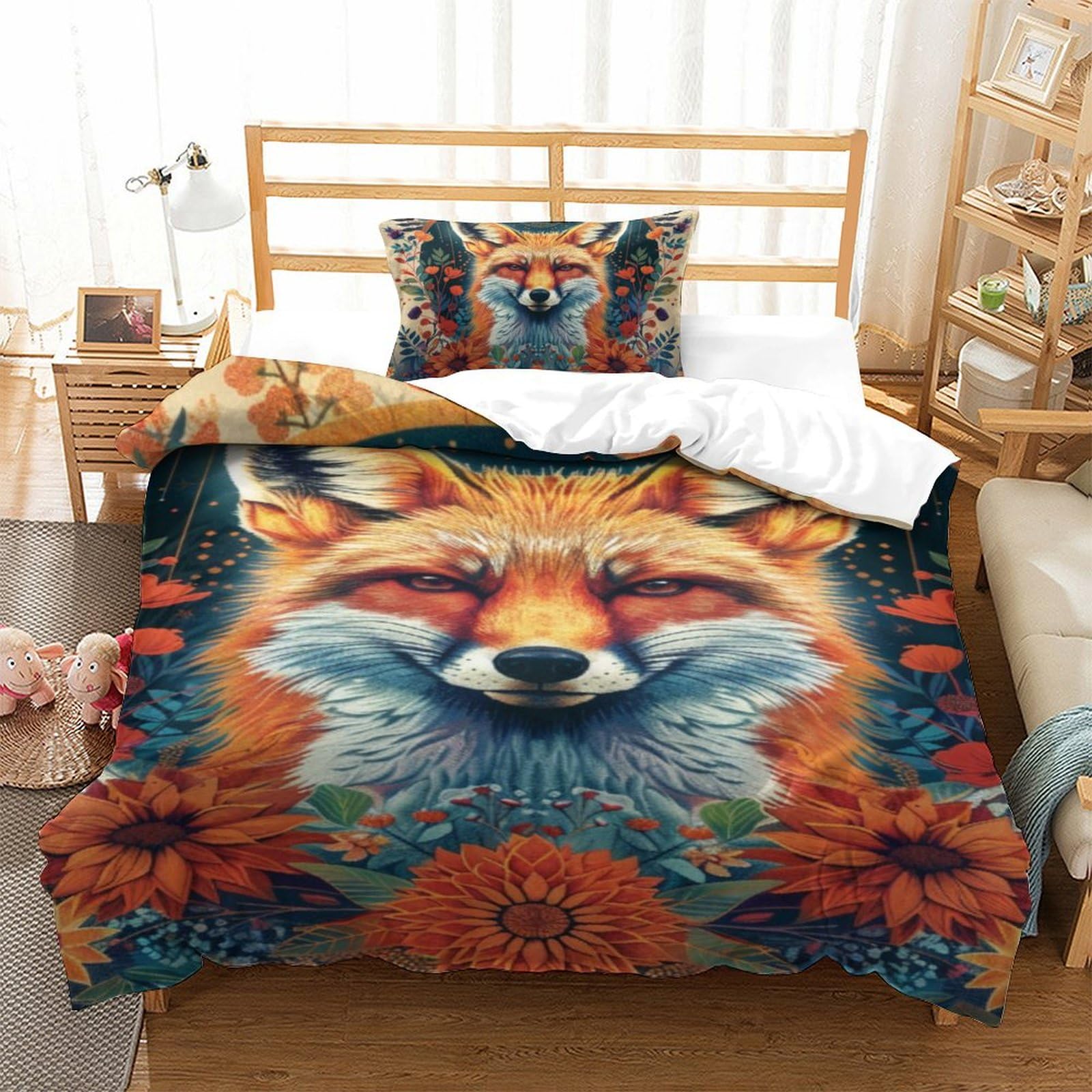 Xfklynvcj Style-2 Microfiber Duvet Cover Set Fox Fade Resistant Duvet Cover Comforter Cover 3Pc With Zipper Bedding Set For Bedroom, Guestroom Single（135X200cm）