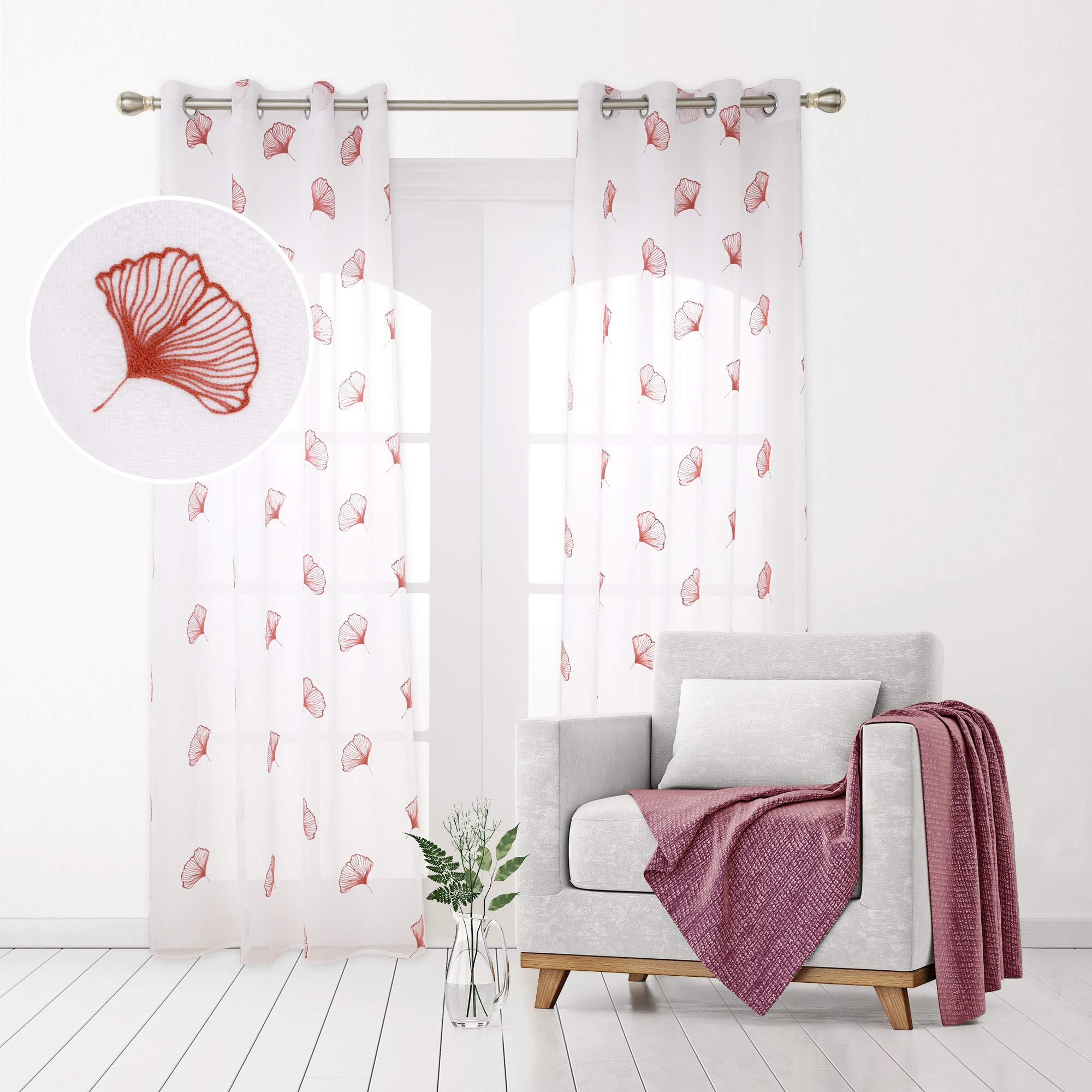 Deconovo Long Linen Effect Sheer Curtains Semi Transparent Voile Curtains Dandelions Pattern Net Curtains for Darkening Room 55 x 96 Inch Orange One Pair