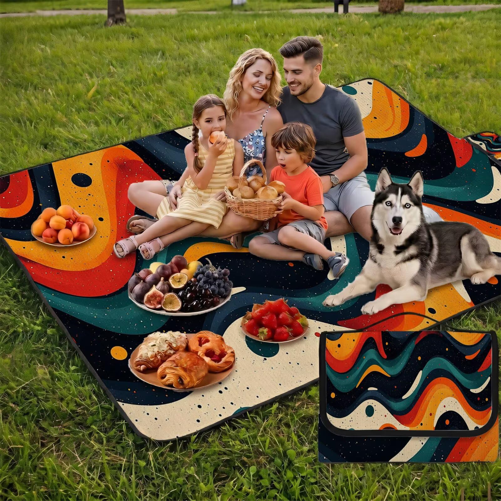 Couverture Pique Nique Grande 200x300cm,Outdoor Couverture Imperméable,Pliable Tapis de Plage Dos en PVC,Picnic Blanket pour Camping Accessoires,Jardin,Parc,Famille - Abstrait,coloré (3) UZ-555