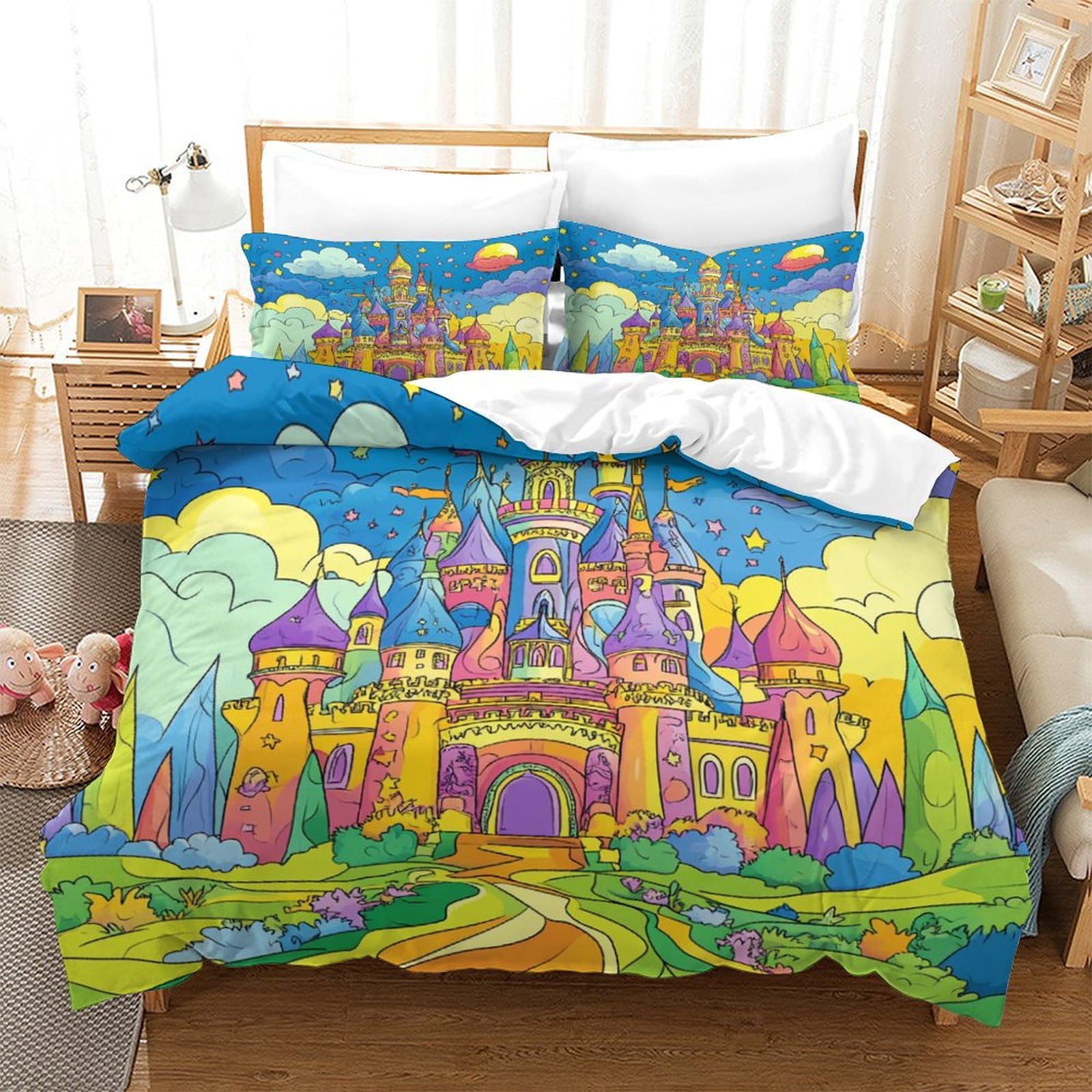 P1s9u7w5y Castle-1 Whimsical Castle 3D Printed Duvet Cover Set 3Pcs Microfiber Fantasy Castle Bedding Set Double（200X200cm）