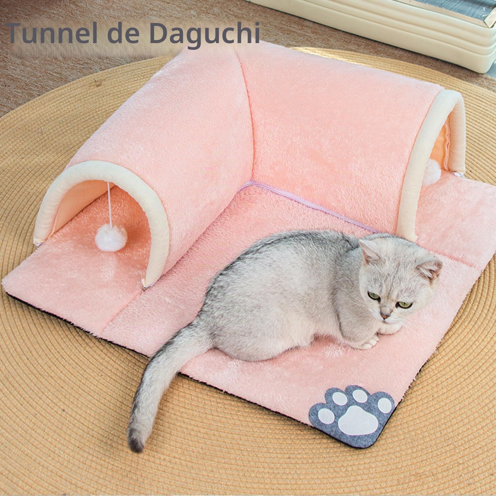 Lit tunnel pour chat 2 en 1 avec tapis, tube de jeu amovible pour chatons - Lavable - Tapis de grotte pour chaton avec balle - Tapis pour chat - 50 x 50 cm (rose)