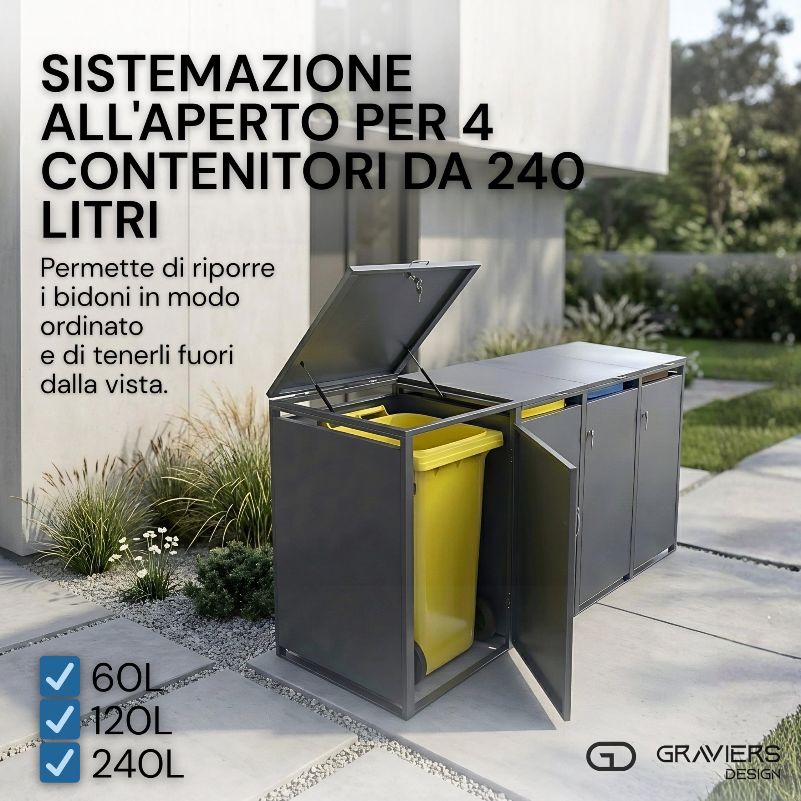 Ghiaiers - Set di 4 copribidoni fino a 240 litri, struttura in acciaio di alta qualità, bloccabile, resistente alle intemperie ed espandibile in modo modulare