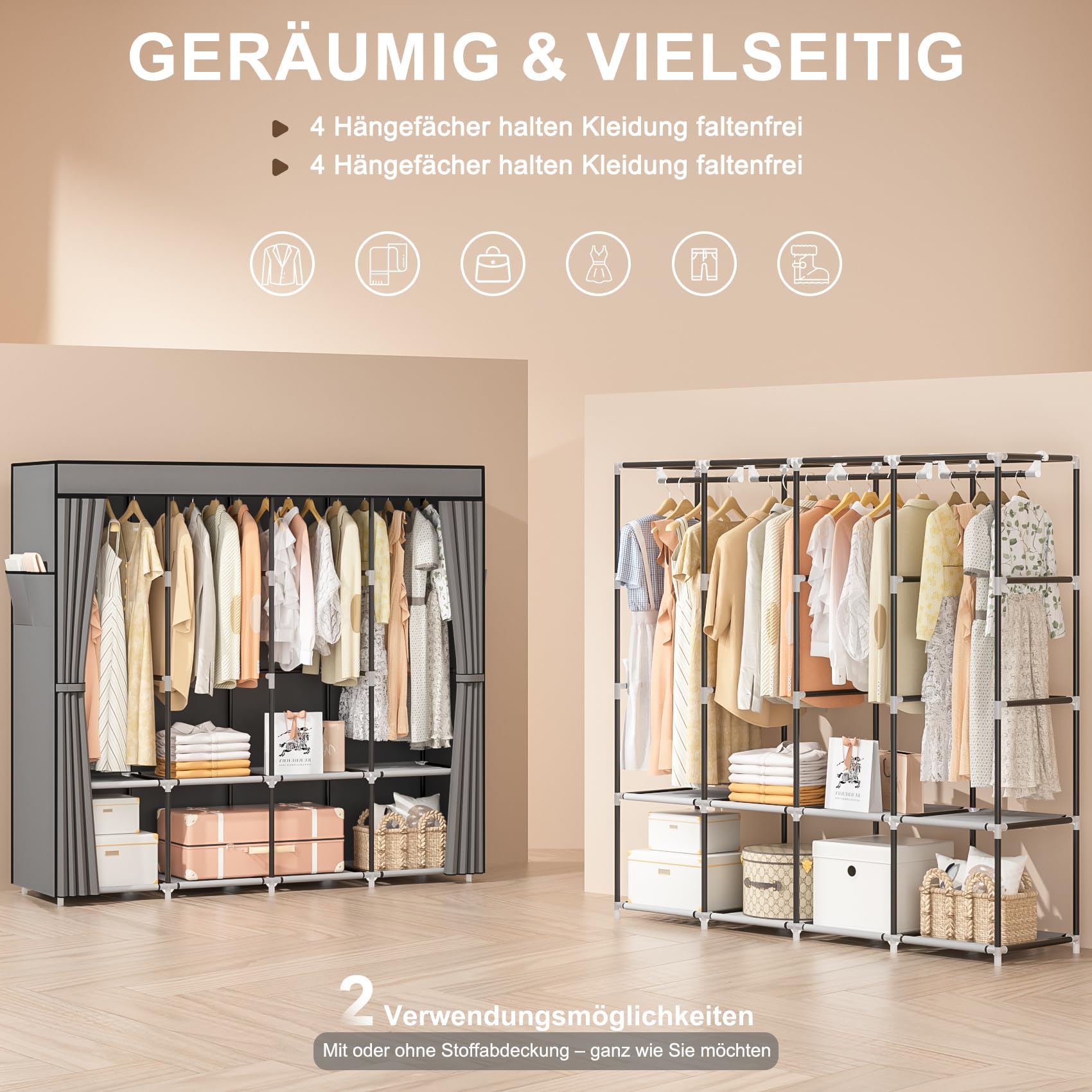 Neatrays Kleiderschrank, Stoffschrank mit 4 Kleiderstange Stabil & 8 Fächern, Faltbarer Kleiderschrank Wardrobe Closet für Kleiderablage Schlafzimmer Ankleidezimmer(Grau)