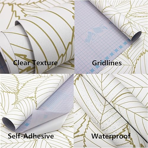 Miniatura 2 de Kitico Papel tapiz de 17.7 pulgadas x 118 pulgadas, papel de contacto dorado, hojas bohemias, autoadhesivo, impermeable, para pared y hogar