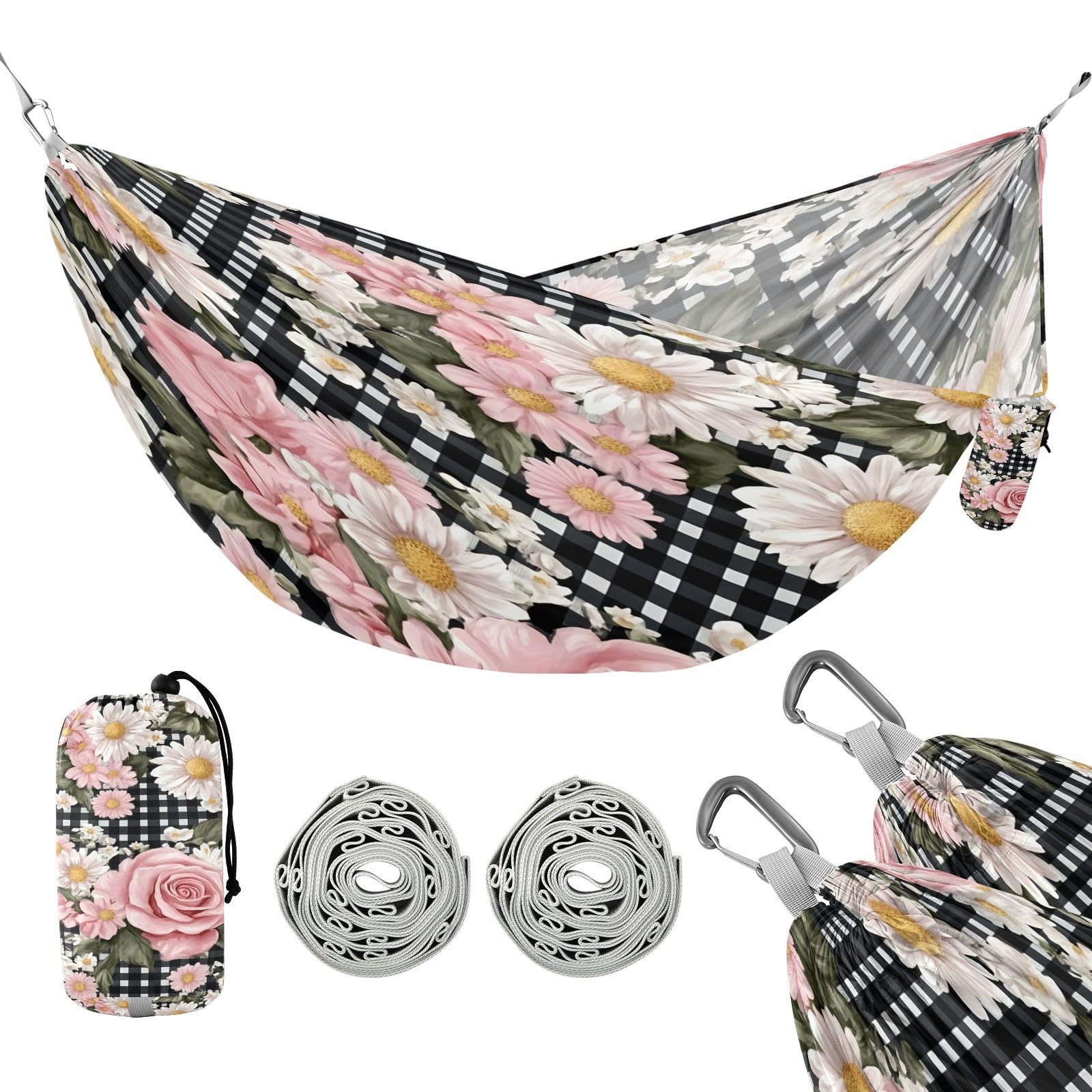 ATTX Pink Roses Daisies Camping Hammock - Lightweight & Portable Hammocks, Heavy Duty 330lbs Capacity for Indoor, Hiking, Backpacking, Travel, Backyard, Beach#581