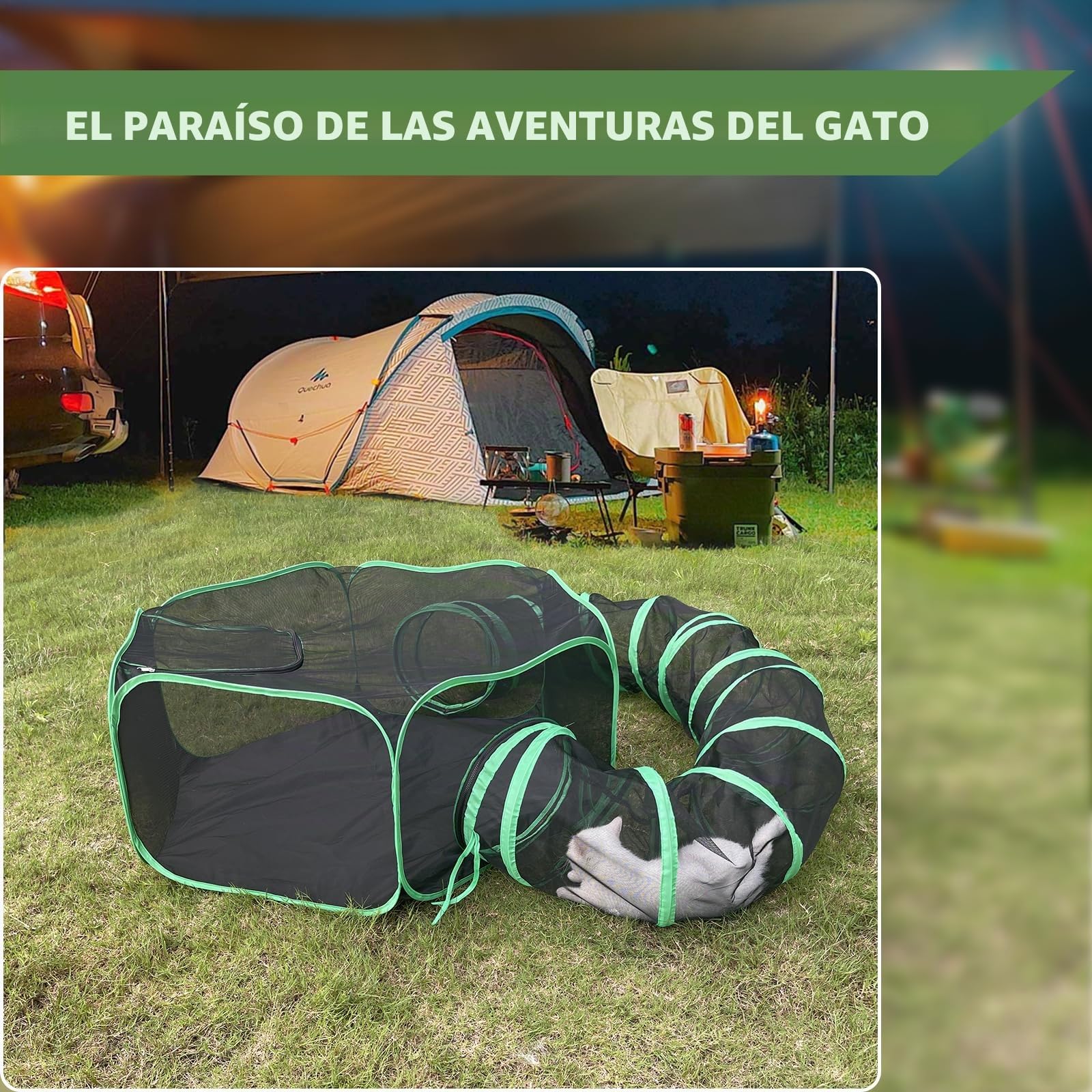 Pawtenda Recinto Portátil para Gatos con Túnel - Tienda de Campaña al Aire Libre para Interior y Exterior