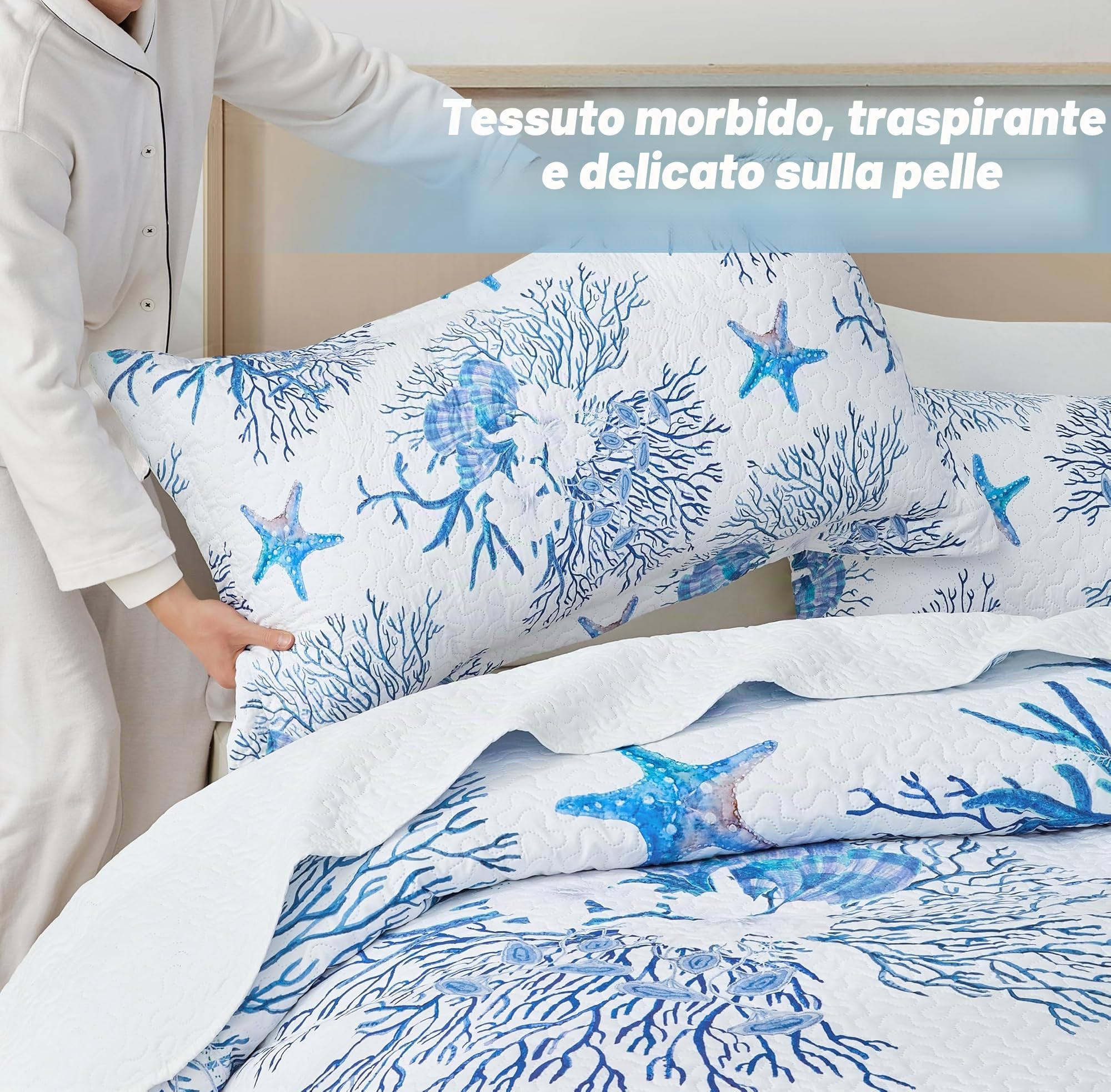 Set di biancheria da letto stile costiero, per letto king size, trapunta con 2 federe, motivo nautico, oceano, fantasia con stelle marine blu (Starfish), copriletto estivo, 244 x 269 cm