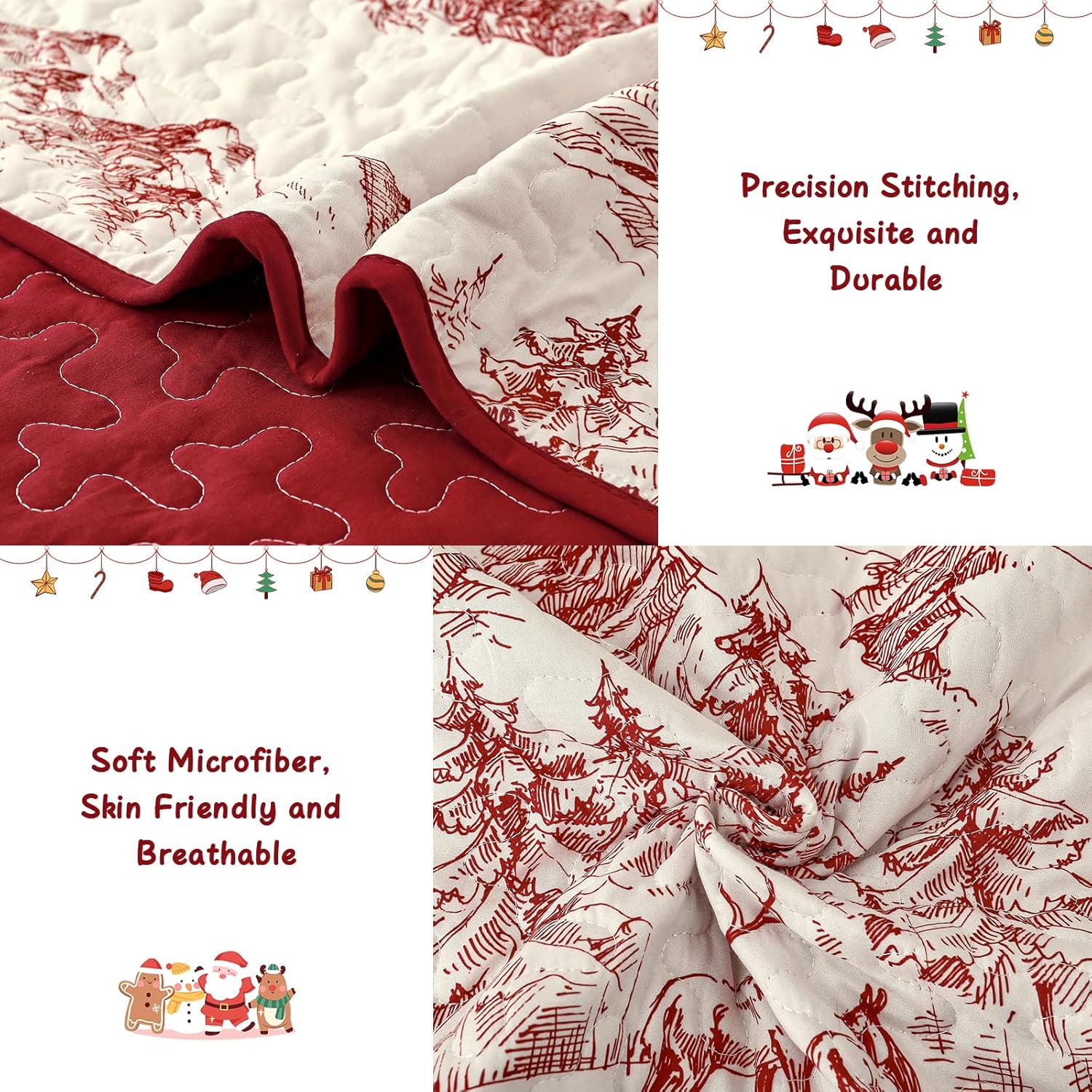 WONGS BEDDING Christmas Quilt Set King Size, Red Hand-Painted Imagery Bedspread Coverlet Set with Christmas Tree, Soft Lightweight Microfiber All Season Bedding Set(104"×90")