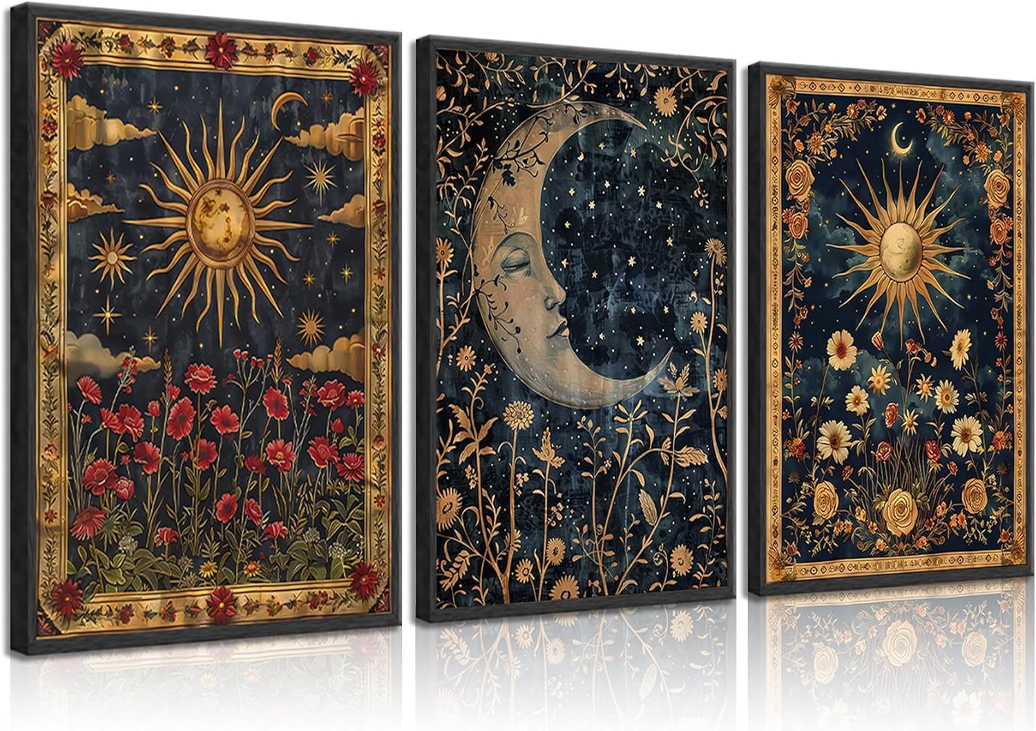 Black Frame Sun and Moon Celestial Canvas Wall Art Tarot Crescent Moon Picture Wall Decor Gothic Wildflowers Painting Posters Print Artwork Aesthetic Dark Academia Vibe for Bedroom Home Decor(16x24in)