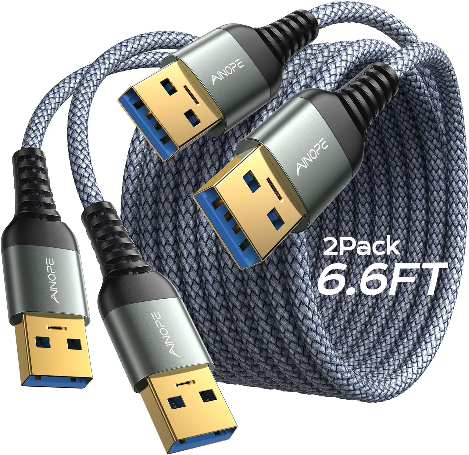 AINOPE USB to USB Cable, 6.6FT*2Pack USB 3.0 A to A Male to Male Cable [Never Rupture] Double End Type A Cord for Data Transfer, Compatible with Hard Drive Enclosures, Laptop Cooler, KVM, DVD Player