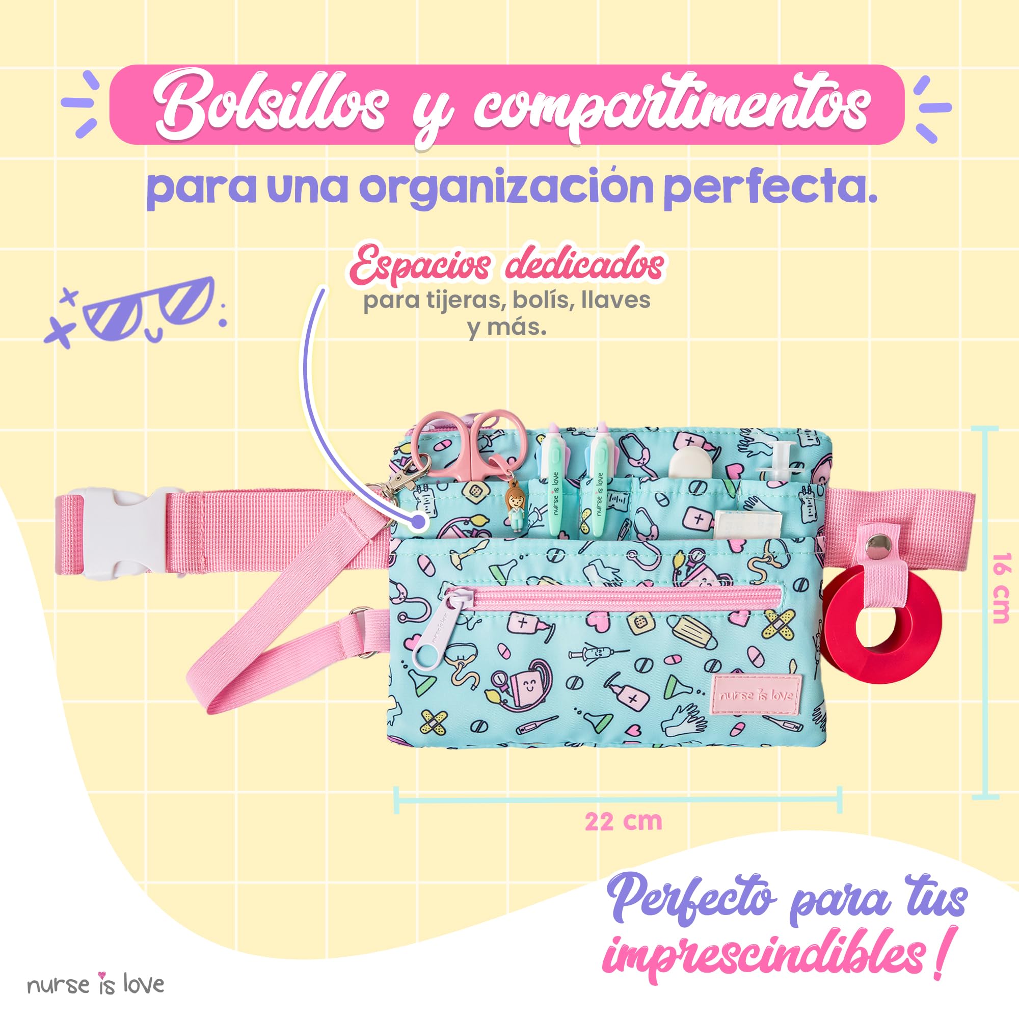 Nurse Is Love Riñonera Enfermera Aqua con Mosquetón | Organizador, Bolsa de Mujer Varios Bolsillos | Coloca Tijeras Enfermeria | Regalos Original | Tcae Accesorios