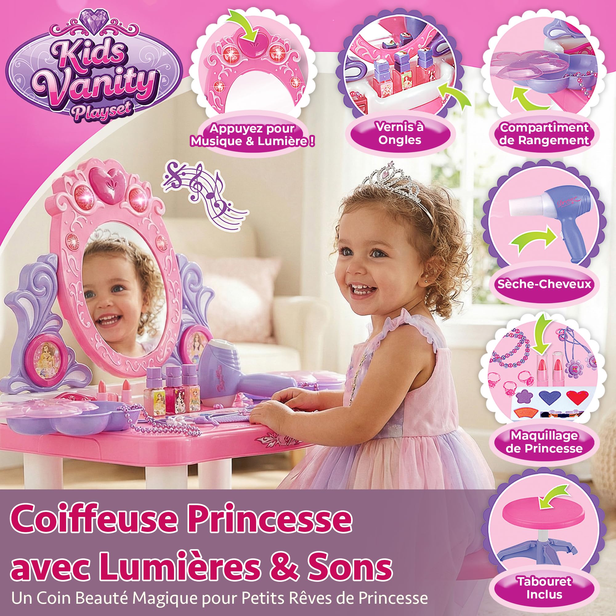 Kinderplay Coiffeuse Rose pour Enfant avec Baguette Magique et Accessoires | Coiffeuse pour Enfant Fille avec Miroir, tiroir, Tabouret et kit de Maquillage – Jeu de rôle