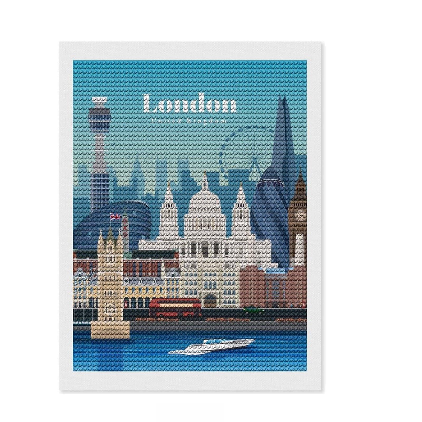 Junmoney Travel to and Visit London Diamond Painting Set 12"x16", Easy to Enjoy, Easy Handmade Project, Boho Decor, Birthday Gift, Stress Relief Craft
