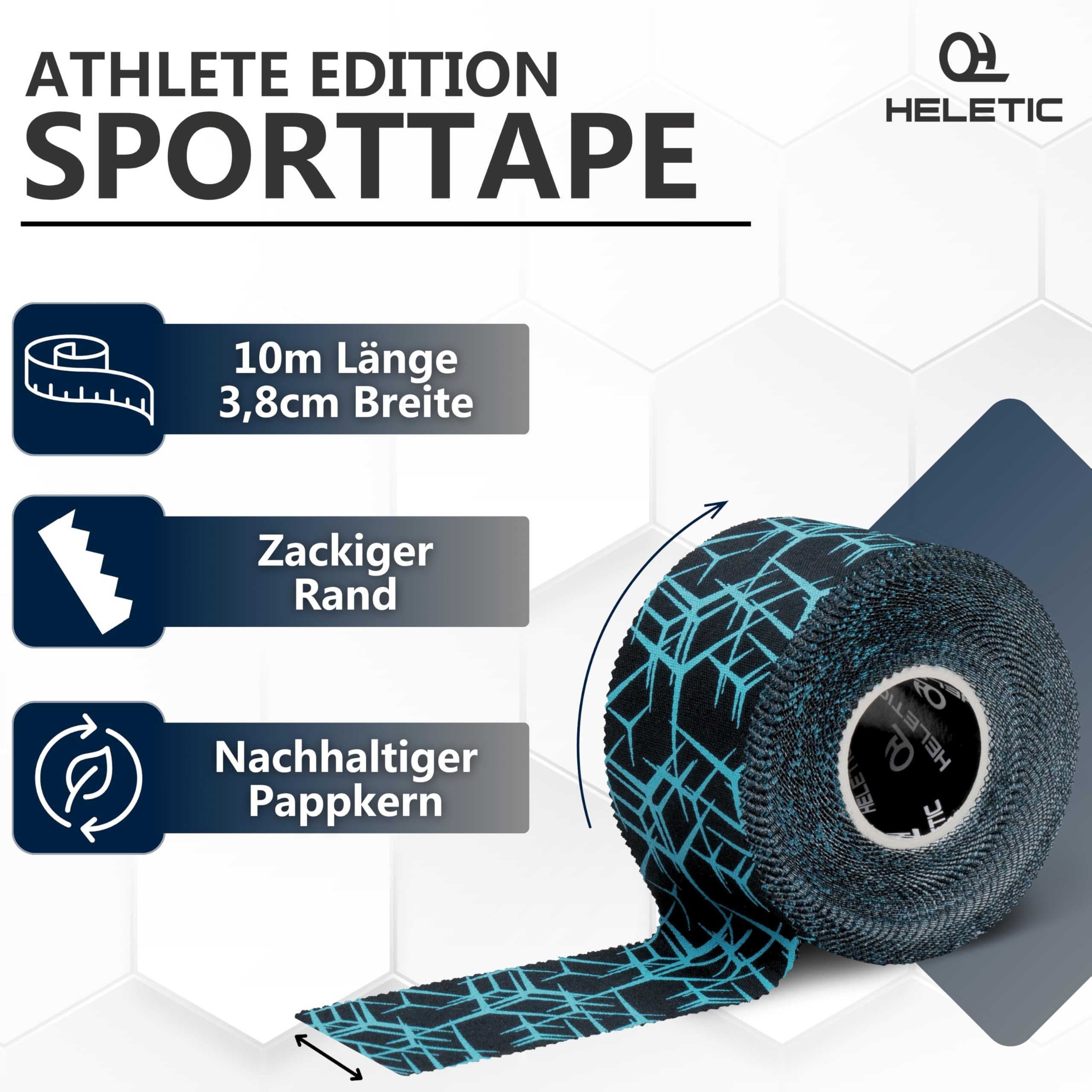 HELETIC Sporttape 3,8cm x 10m Athlete Edition - starres Tape, extra Starke Klebkraft, leicht abreißbar & wasserabweisend - inkl. Taping Video Anleitungen