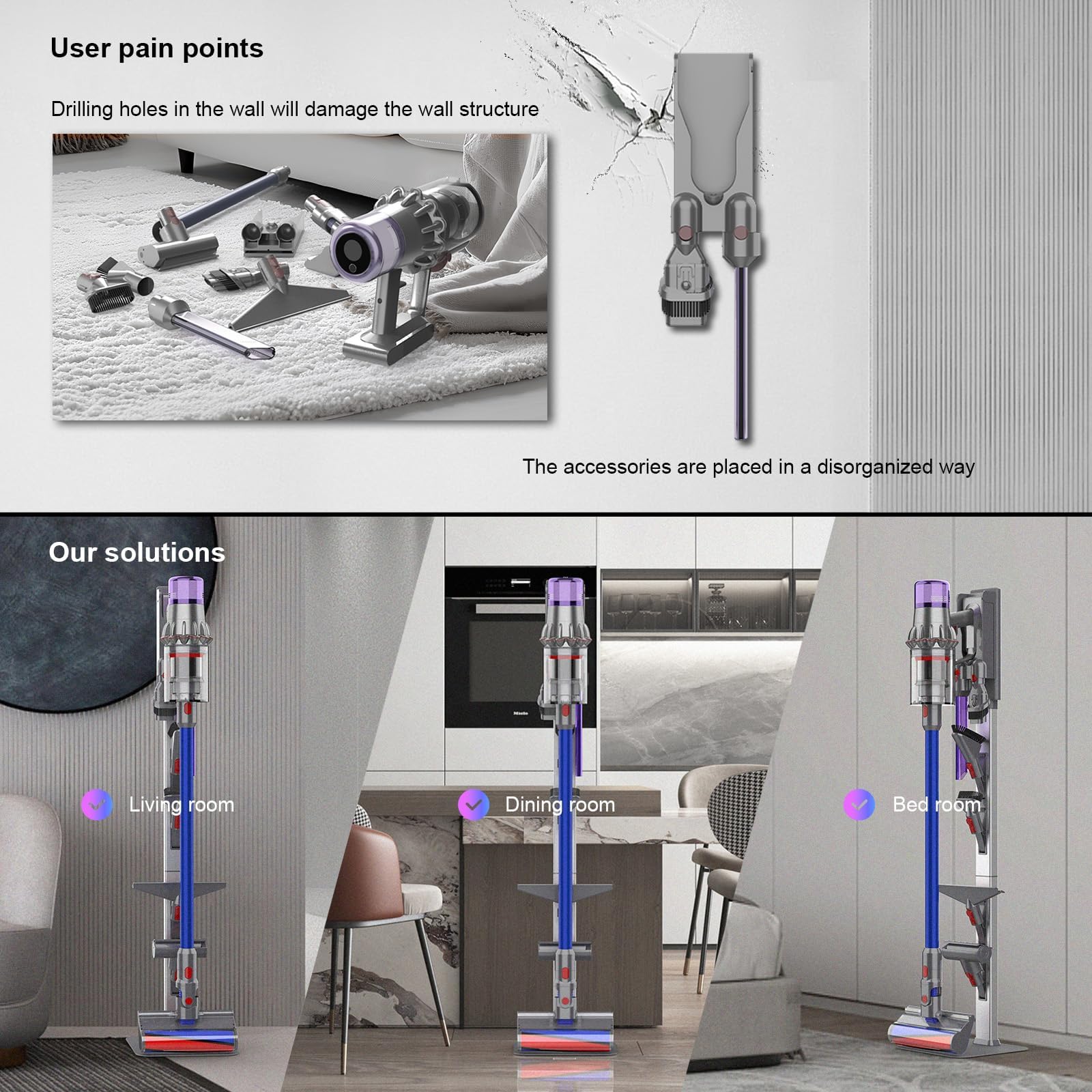 Vacuum Stand for Dyson with Foldable Storage Hooks and Heavy-Duty Carbon Steel Base, No Drill Installation, Space-Saving Organizer for All Dyson Cordless Vacuums & Accessories thumbnail 10