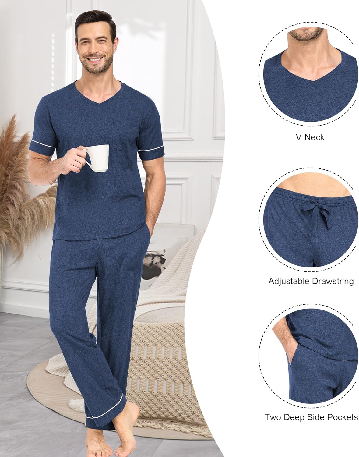 COLORFULLEAF Mens 100% Cotton Pajamas Set Short Sleeve V-Neck Sleepwear Soft Loungewear Pjs with Pockets - Image 5