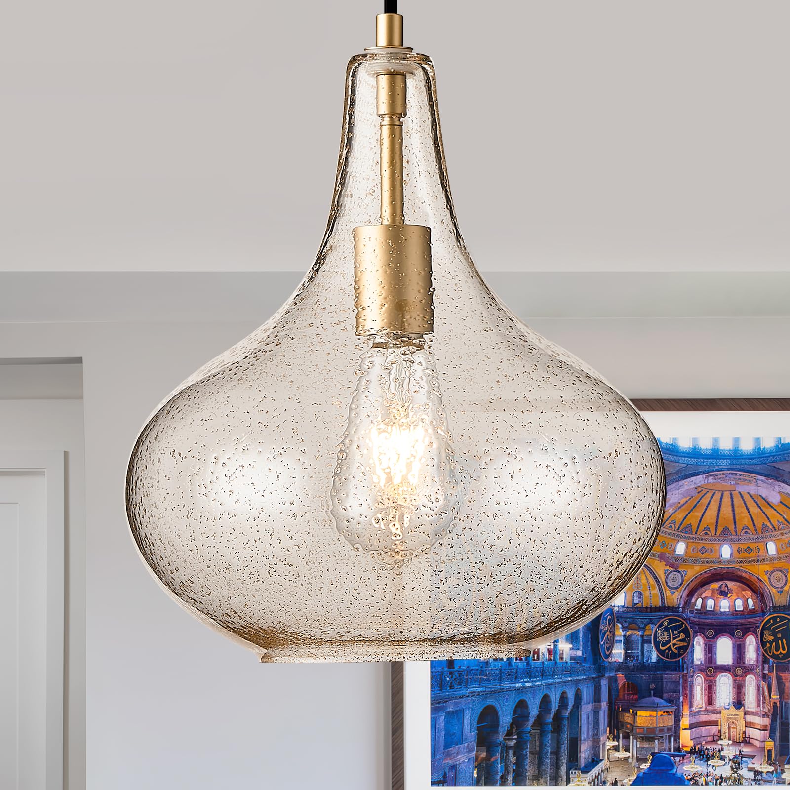 CATINER 1-Light Large Pendant Light Vintage Farmhouse Gold Glass Pendant Light Kitchen Island Ceiling Hanging Light Fixture Modern Chandelier Pendant Light (11”-Glod Sand)
