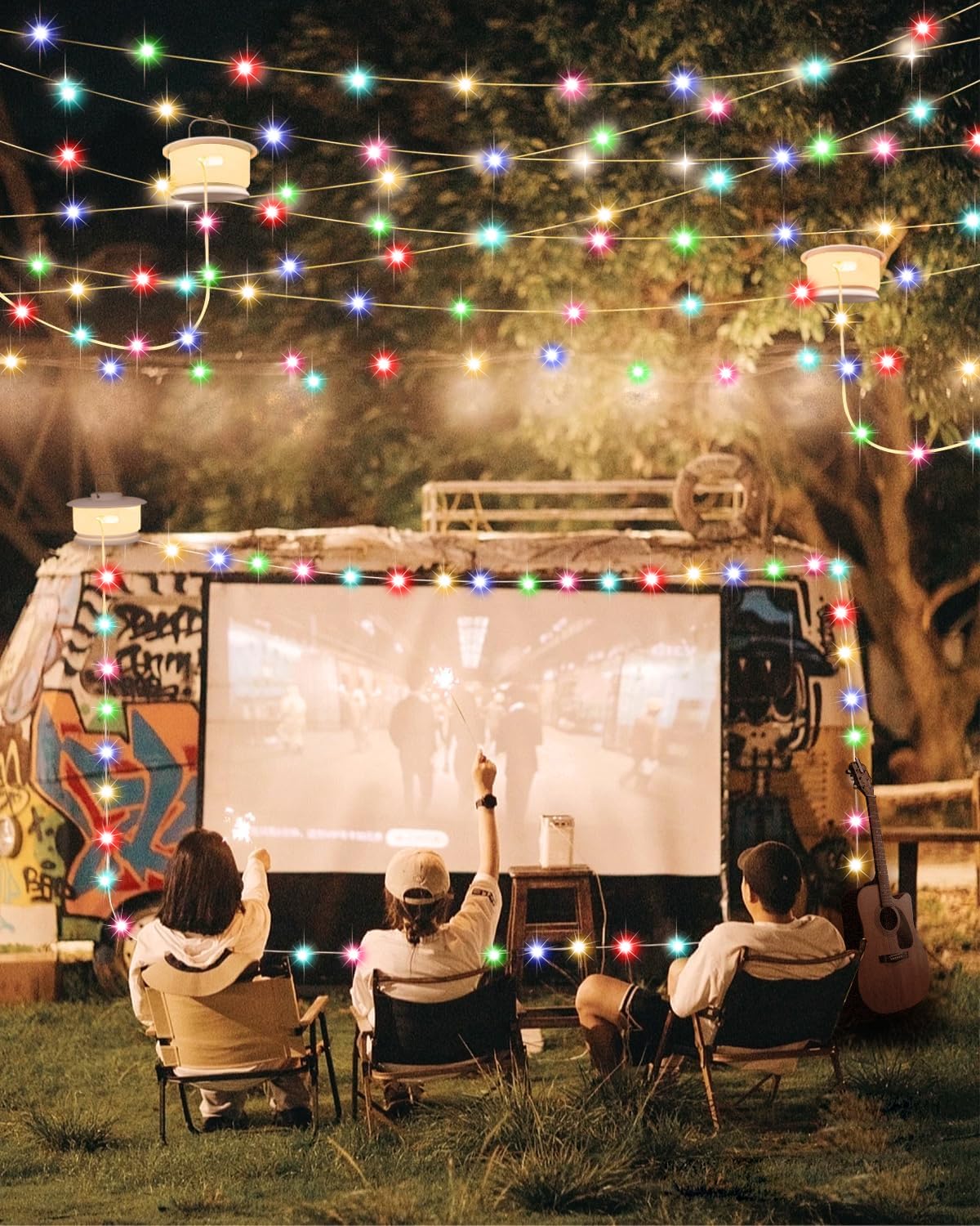 Camping-Lichterkette für den Außenbereich mit Musik-Synchronisation, schnelle Lagerung, LED-Lichterkette mit 7 RGB-Farben und 12 Modi, Zeltlichter, tragbare Camping-Laterne, wasserdicht, Camping-Licht