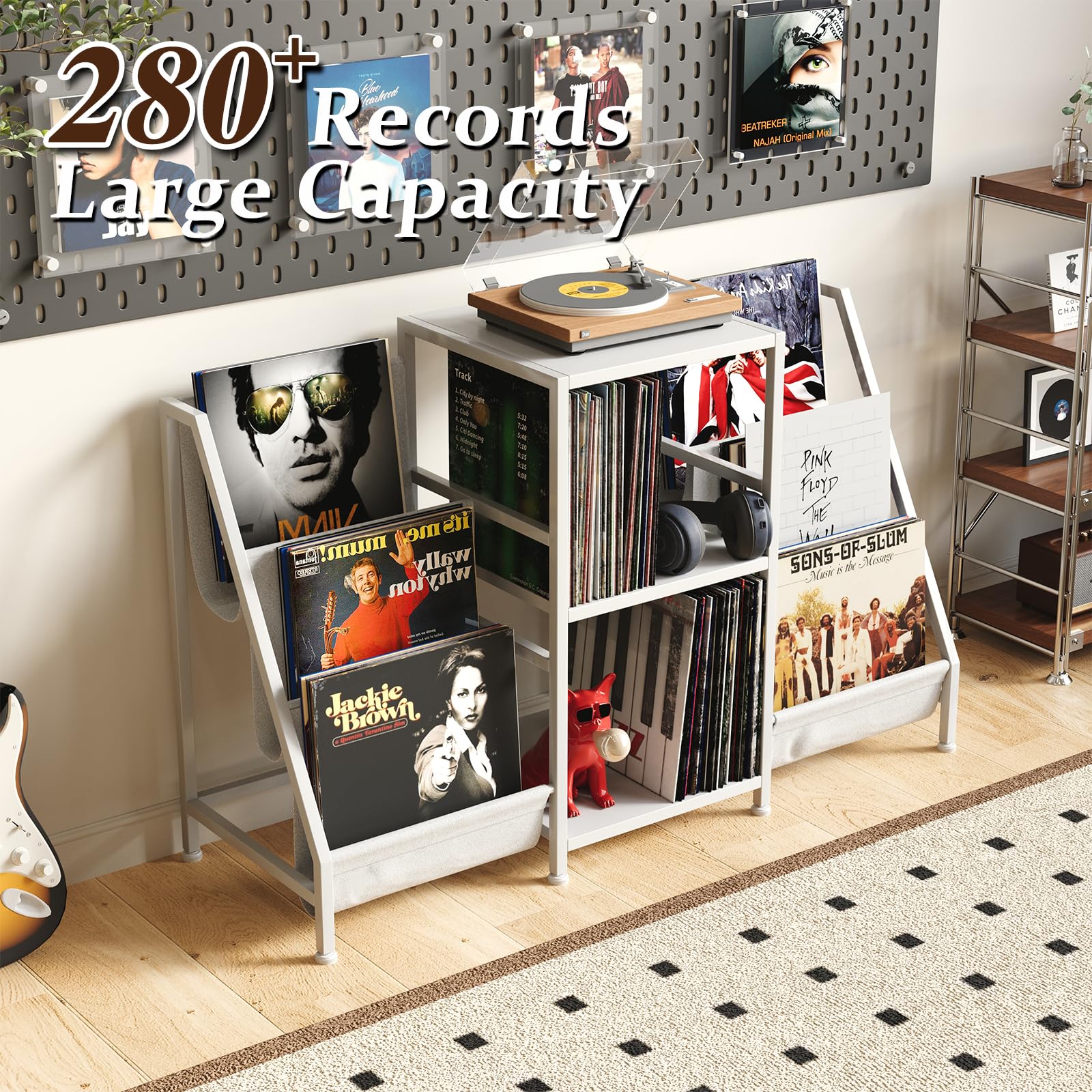 Soporte para tocadiscos blanco con 3 niveles, almacenamiento de vinilo para hasta 280 LPs, moderno soporte para discos de vinilo y mesa auxiliar para tocadiscos, diseño minimalista, estantería para