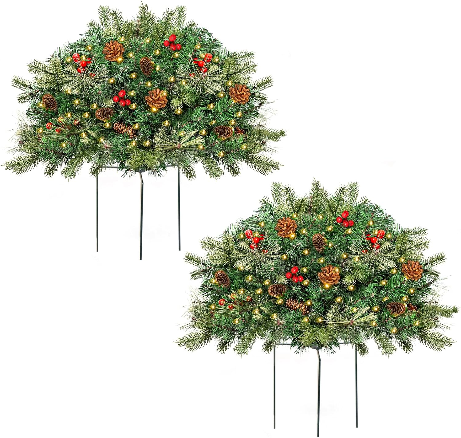 Outdoor Christmas Tree Frosted Urn Filler 2 Set, Pre-lit Artificial Xmas Tree with Cones & Red Berries, Small Christmas Tree with 70 Warm Lights