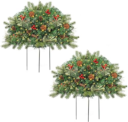 Juego de 2 urnas esmeriladas para árbol de Navidad para exteriores, árbol de Navidad artificial preiluminado con conos y bayas rojas, árbol de