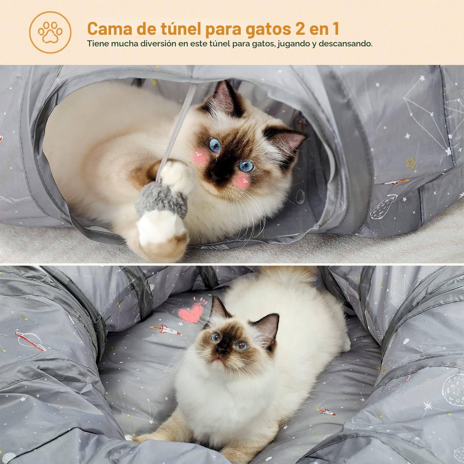 PAWZ Road Túnel para gatos, cama túnel para gatos con alfombrilla central blanda y juguetes de peluche, tubo túnel plegable con bonitos estampados de cohetes para gatitos, conejos de interior