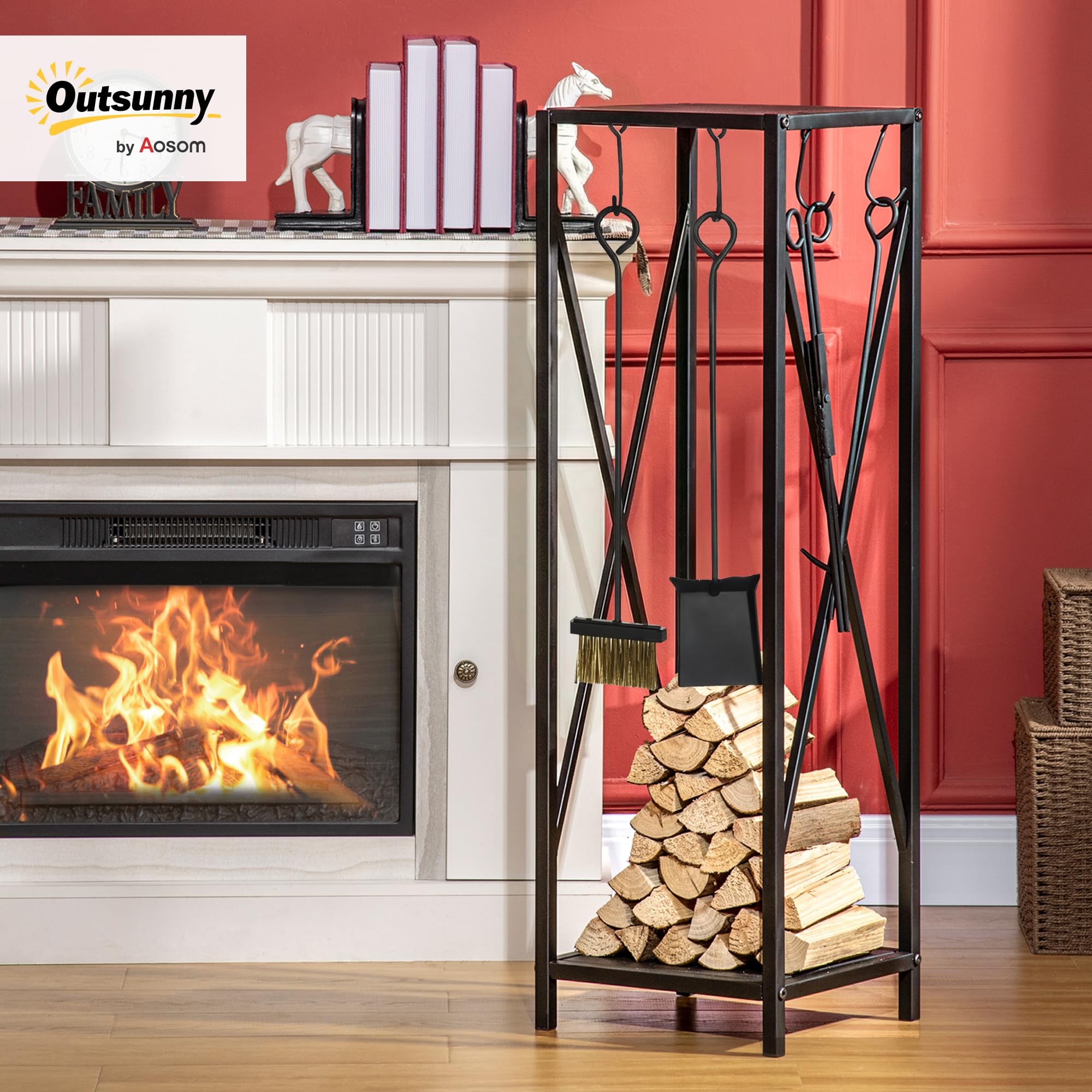 Outsunny Stojak na drewno kolumnowe, stojak na drewno kominkowe, z wieloma akcesoriami metalowymi, 34 l x 34 l x 111H cm, czarny