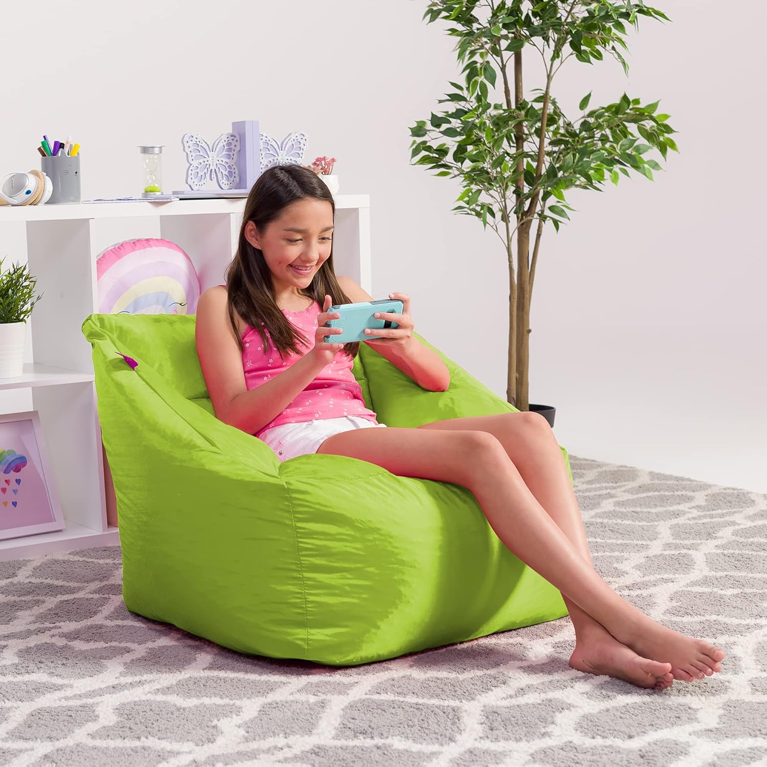 Posh Creations Coronado Bean Bag Boys and Girls Large Chair for Kids, for Gaming and Playrooms, Soft Nylon-Lime