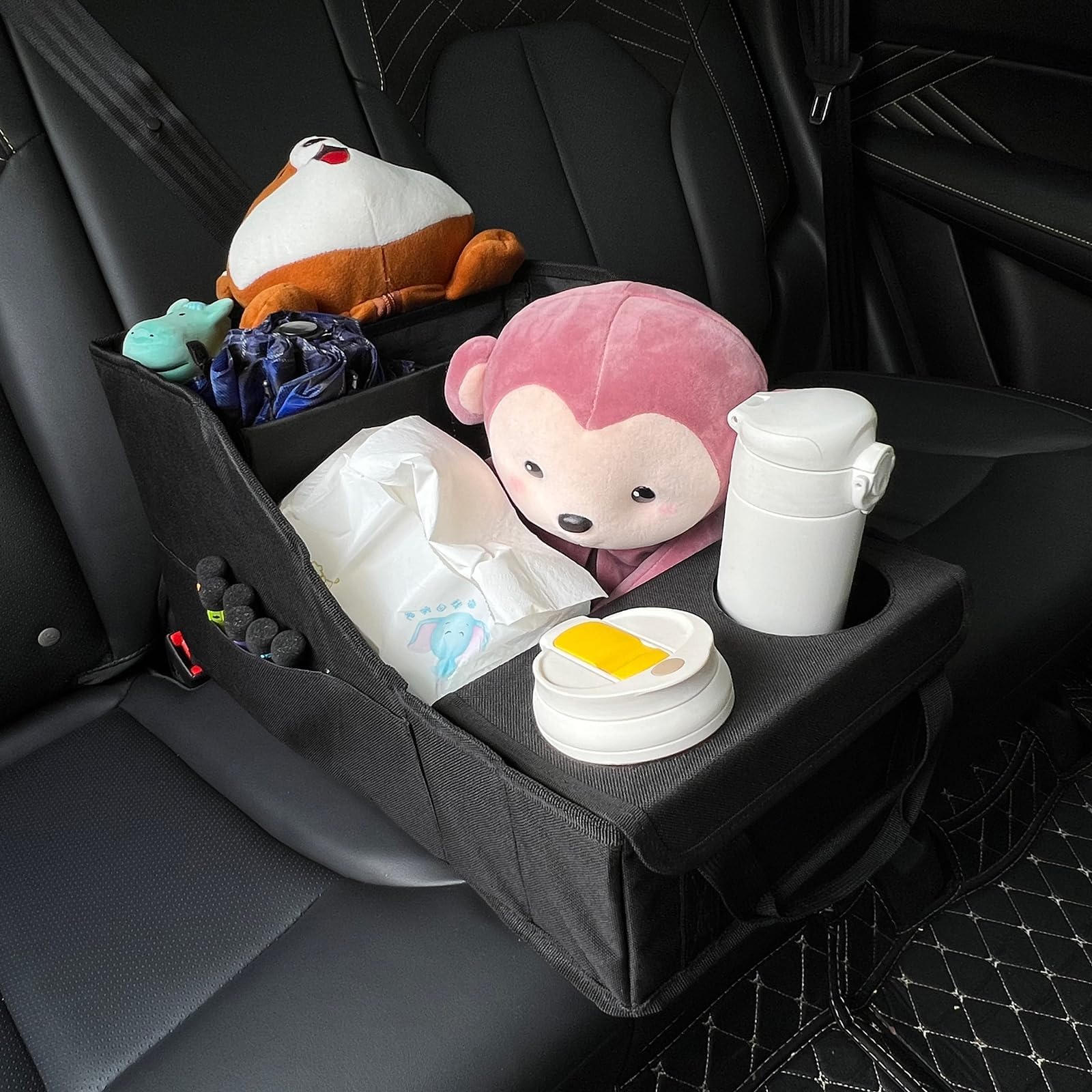 Organizzatori per auto da viaggio su strada con doppio slot per bevande 4 sezioni di archiviazione per accessori da viaggio per la famiglia Supporto posteriore del sedile contenitore del