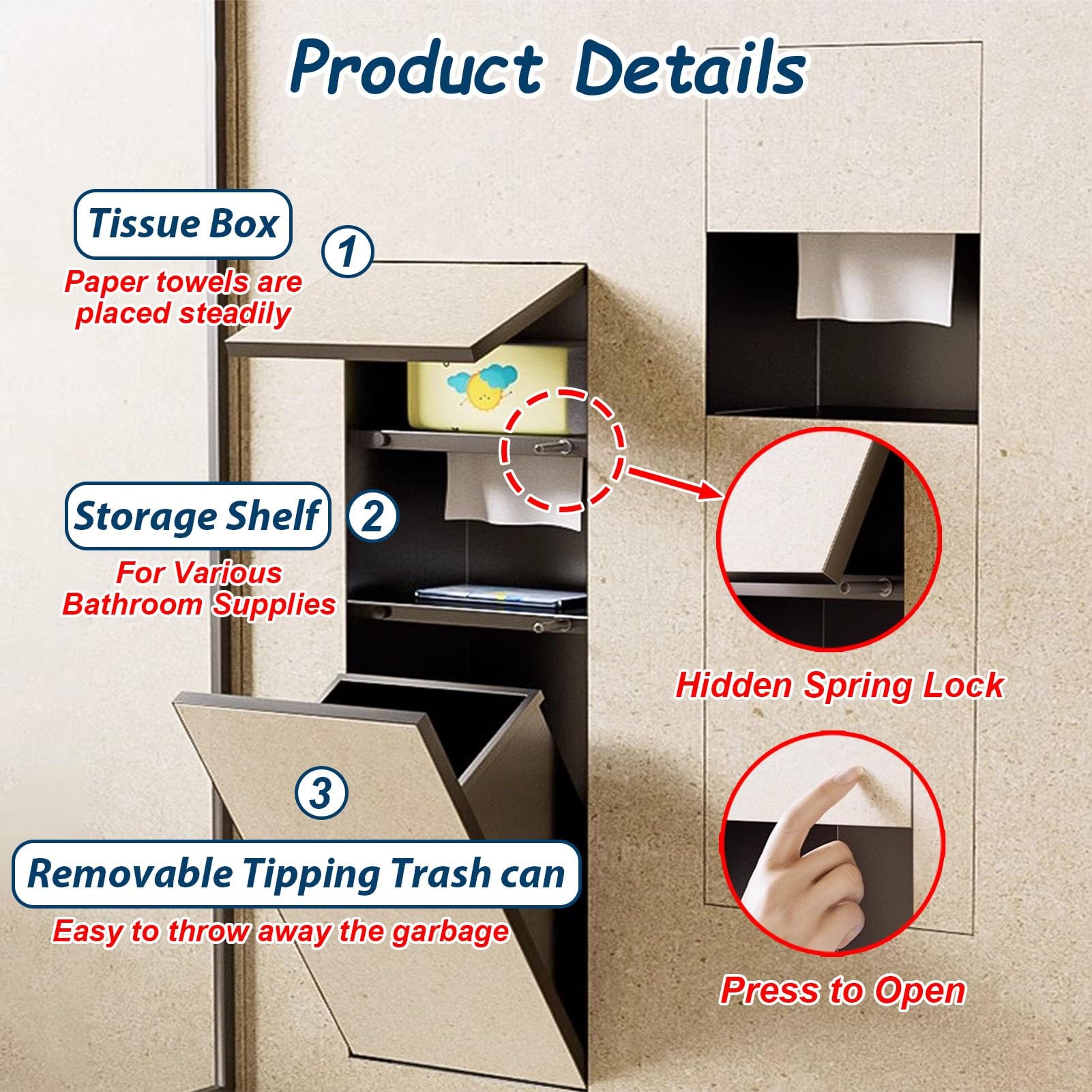 Vibeo Portarrollos Empotrable Portarrollos de Papel Higiénico Empotrado con Cubo de Basura, Dispensador de Nicho para Inodoro Alicatable, Porta Rollos de Papel Higiénico Oculto