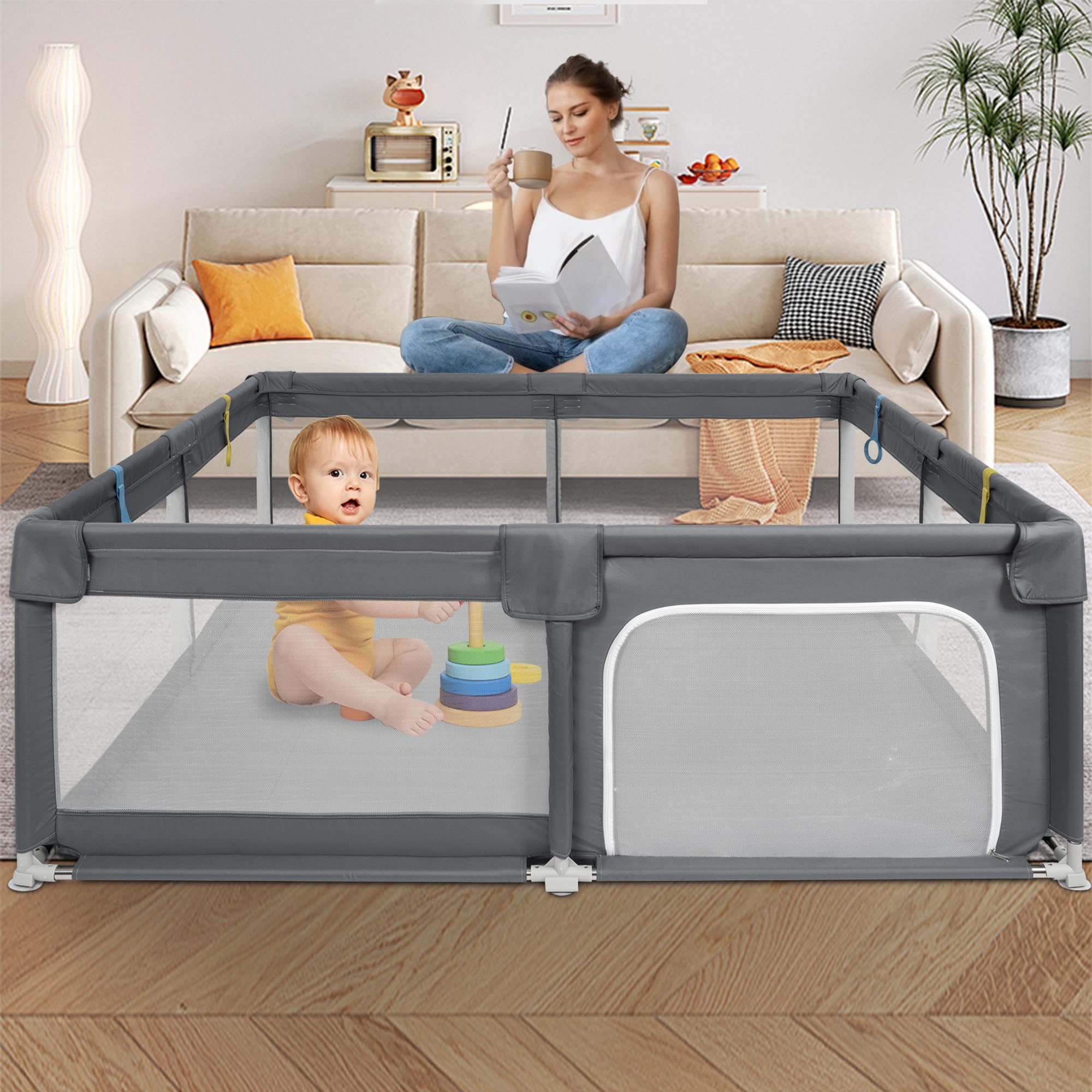 OUUTMEE Baby box 150×180 cm, parco familiare interno ed esterno, parco con base antiscivolo e porta con cerniera