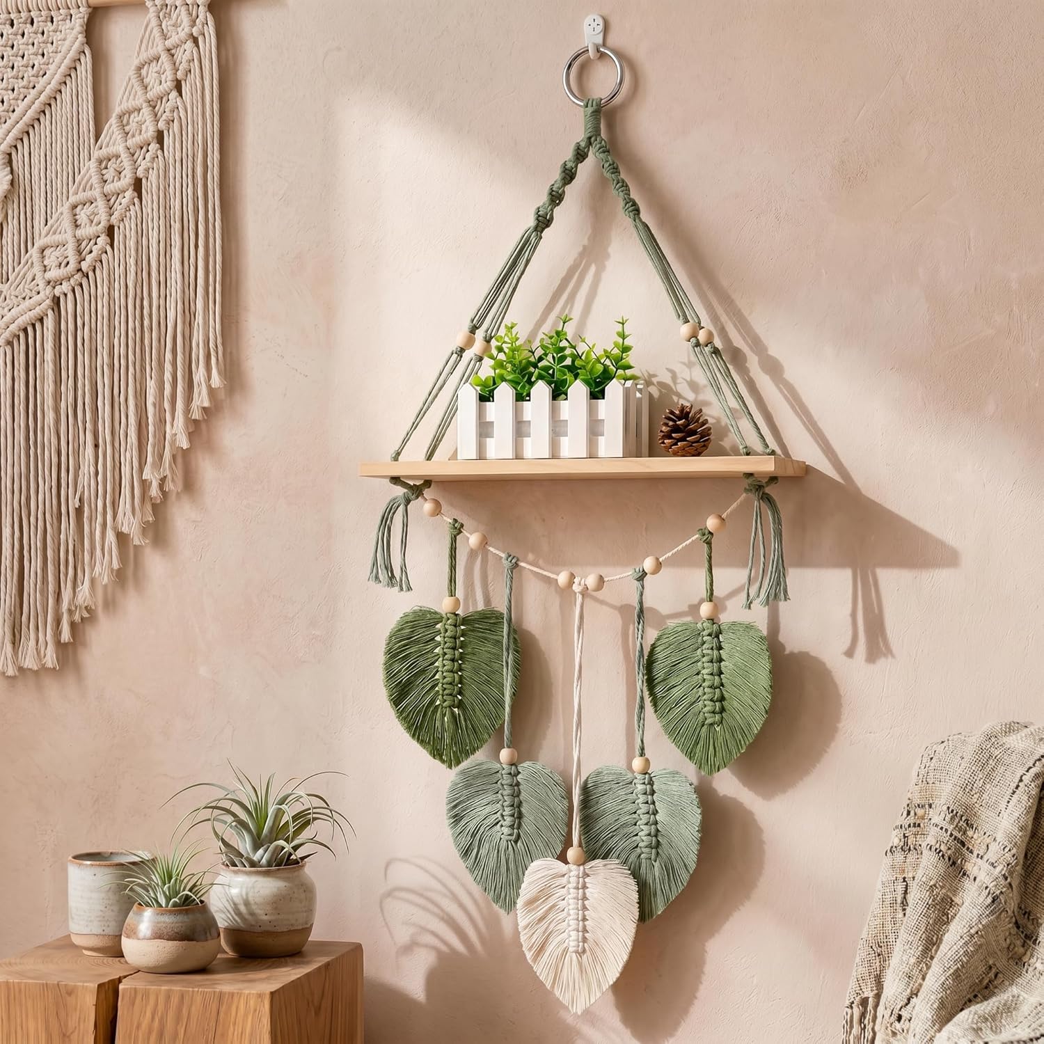 Macrame Hanging Shelf Boho Wall Decor, Handmade Cotton Rope Rustic Wood Floating Storage Shelf for Bedroom Bathroom Living Room Nursery Dorm Room, Display Shelving for Hanging Plants Photos