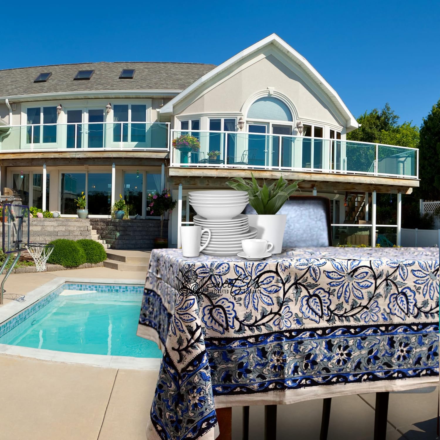 Sweet Us Venetia Block Print Tablecloth for Square Tables 70x70 and One Gray Napkin, Floral Cotton Kitchen, Dining Linen, Blue Black Gray Beige