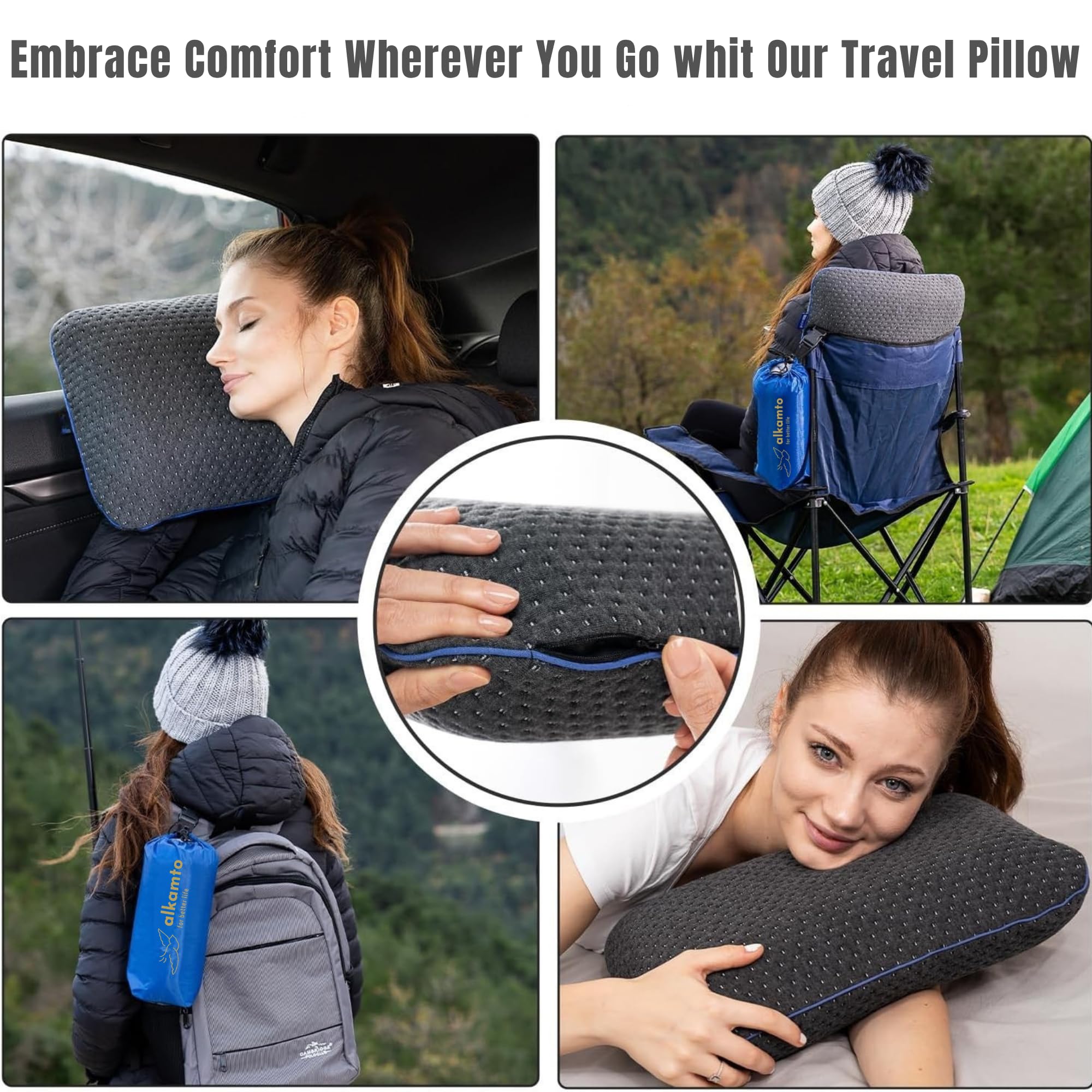 Cuscino da viaggio – Supporto ergonomico per il collo da campeggio in memory foam con federa termoregolante – Borsa da viaggio impermeabile inclusa (Nero)