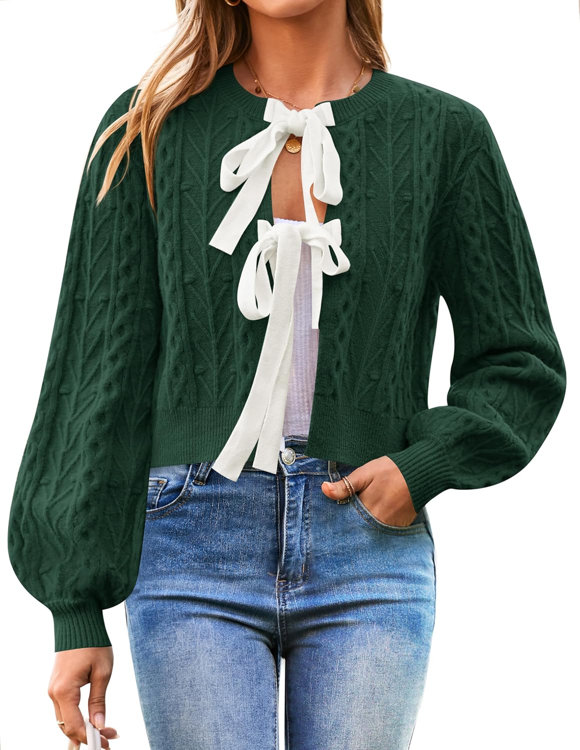 ZESICA Women's Cardigan Sweaters 2024 Fall Winter Long Sleeve Tie Front Cable Knit Chunky Cropped Outerwear Coat Dark Green Small