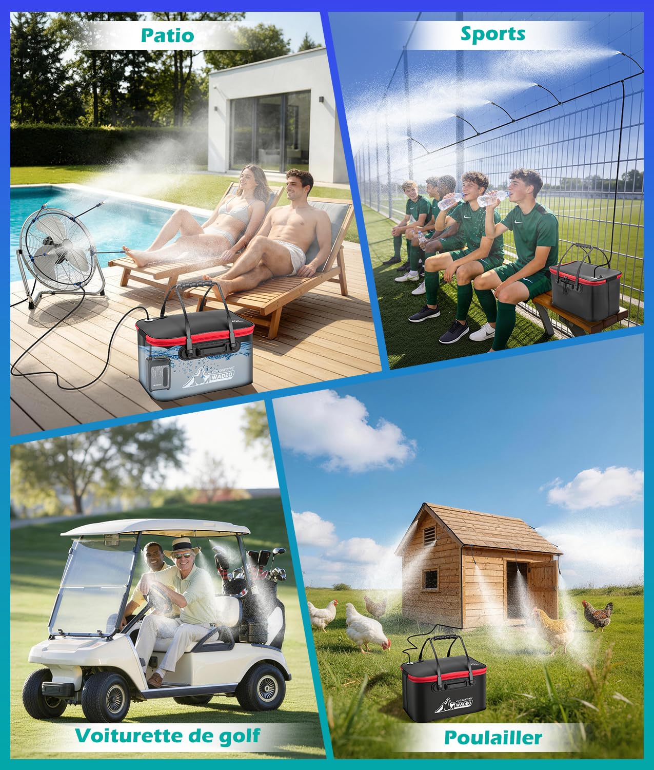 WADEO Système de Brumisation Portable, Système de Refroidissement Extérieur avec Pompe Rechargeable 6000mAh, Tuyau 8M et 8 Buses en Laiton, Brumisateur pour Camping, Terrasse, Jardin et Sport