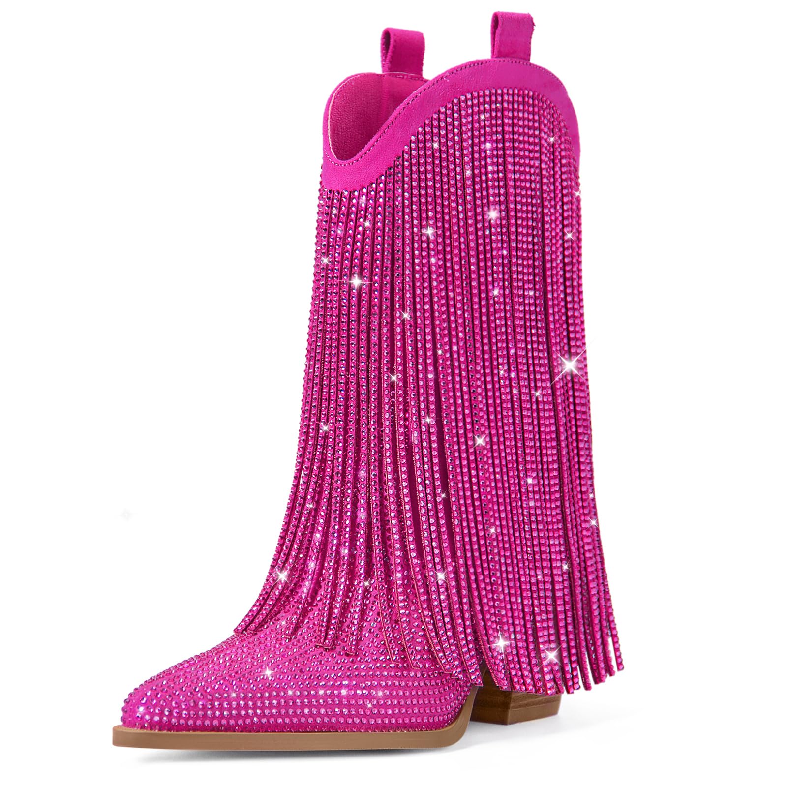 Ouepiano Cowboy Boots for Women - Cowgirl Rhinestone Boots with Sparkly Fringe Pointed Toe Western Boot Chunky Heel Pull-On Wide Calf Botas Vaqueras