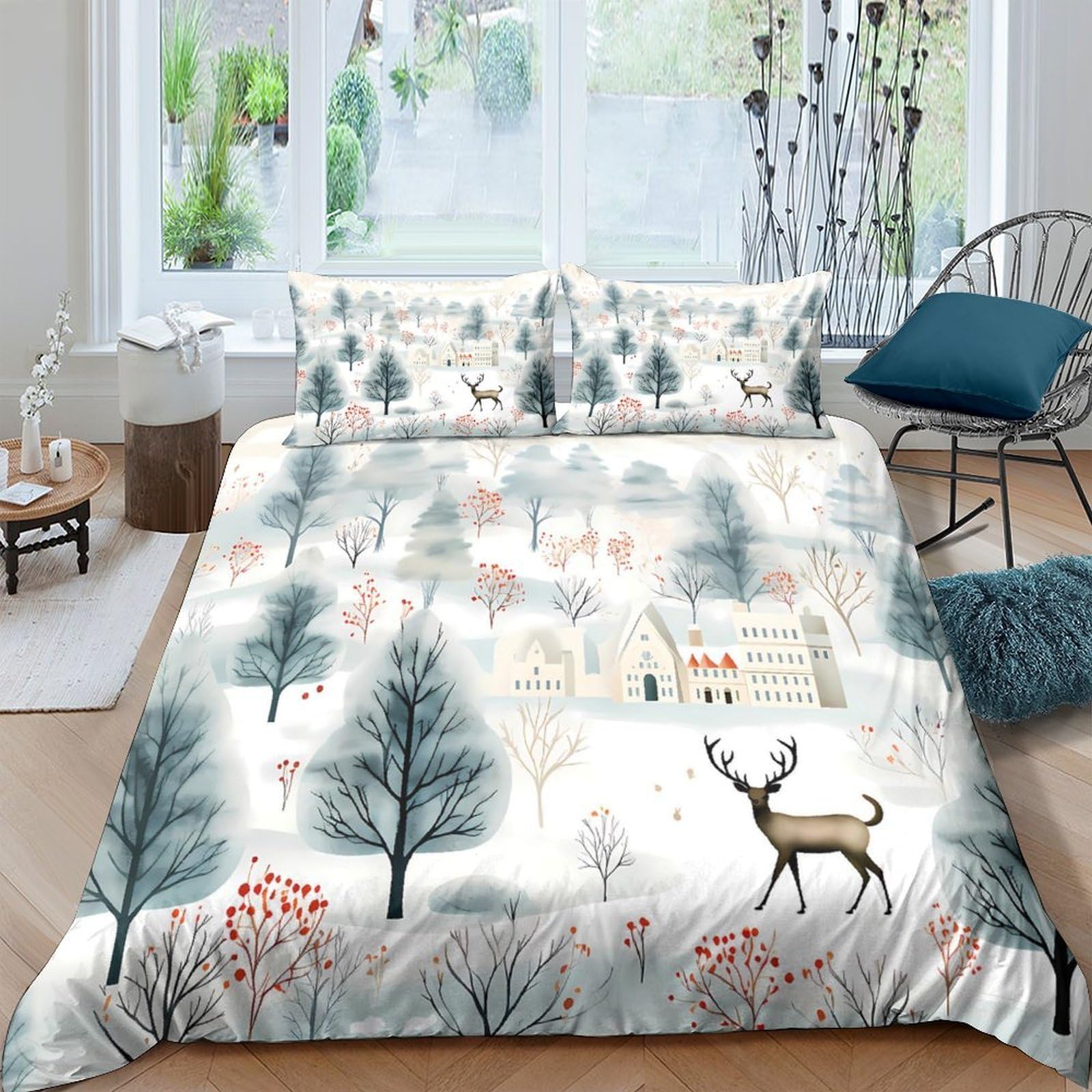 Ctjqhvkz Style-3 3D Printed Winter Forest Fitted Sheet Microfiber Soft Deer Village Bed Cover For Bedroom Guest Room Decor Protection Single（135X200cm）