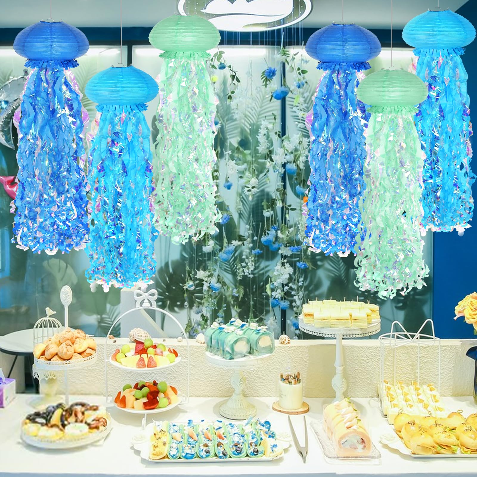 6 Stück Quallen Papierlaternen Blau - Meerjungfrau Party Deko Ozean Thema
