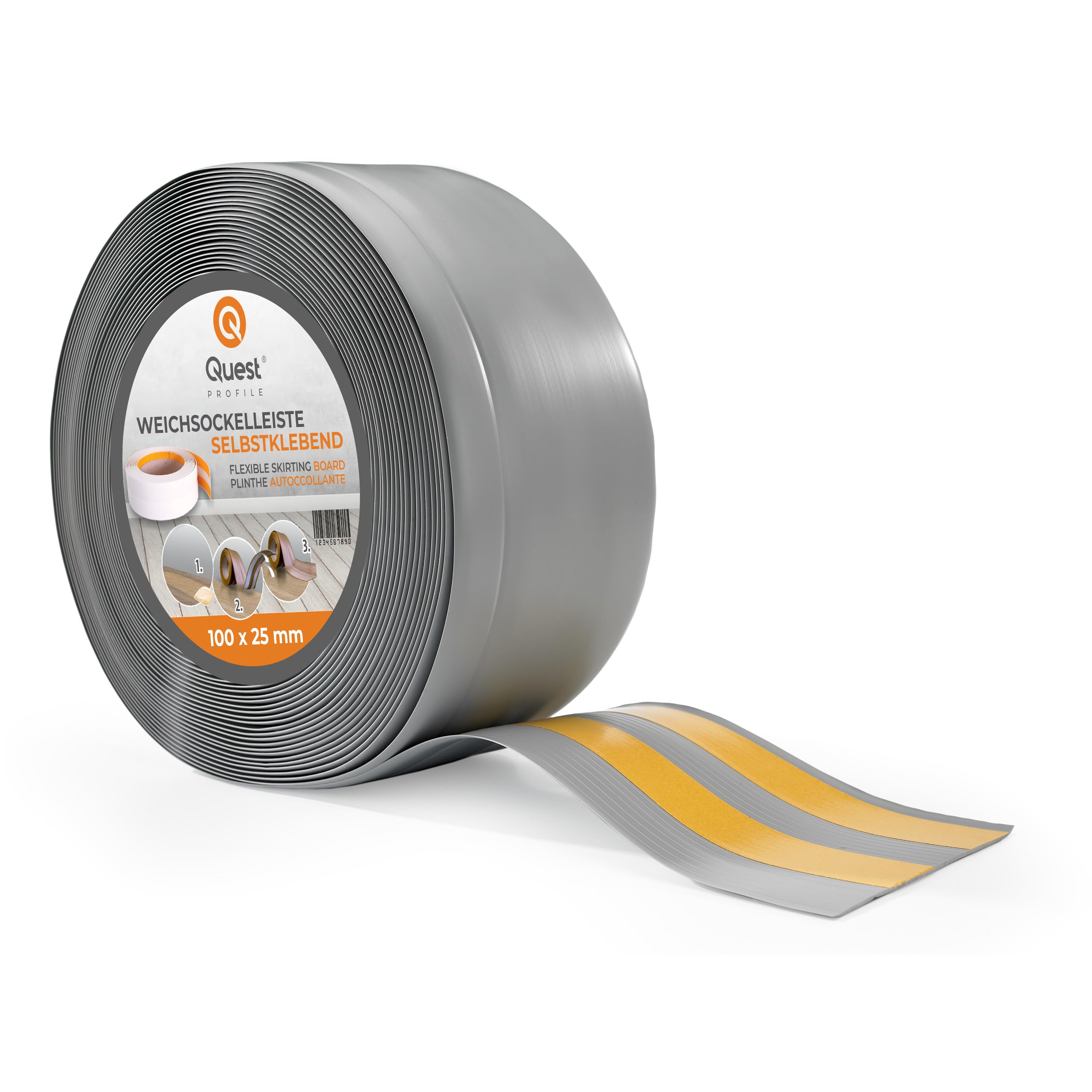 Quest Battiscopa PVC Morbido 100 x 25 mm Flessibile - Grigio, 20 mb | Listello di finitura autoadesivo, sigilla parete e pavimento, resistente ai raggi UV, per bagno e cucina, tagliabile