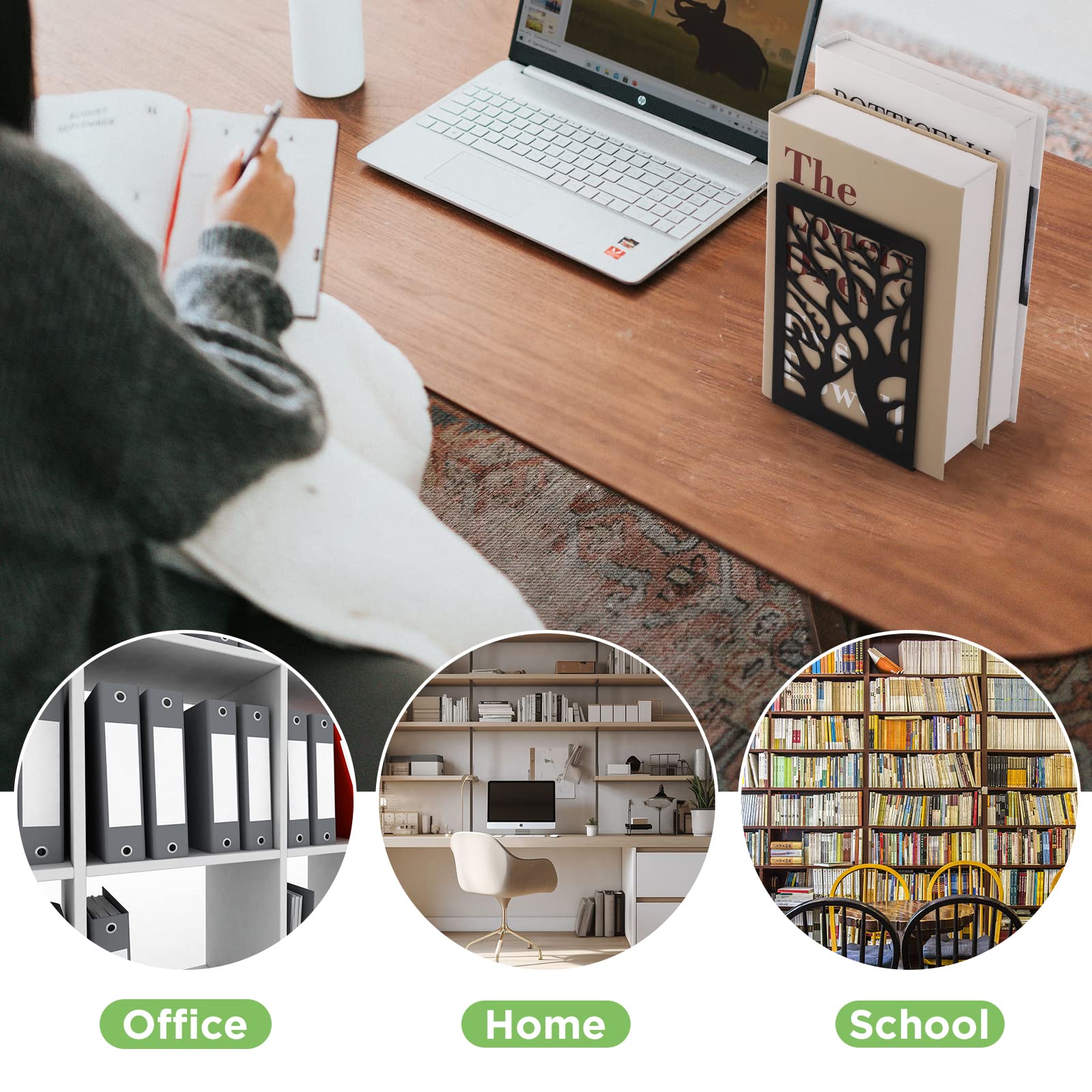 6 Pezzi Fermalibri per Mensole, Reggilibri in Metallo Nero Reggi Libri per Libreria di Design a Forma di Albero per Casa, Ufficio, Biblioteca, Scuola, Studenti Regalo - Nero